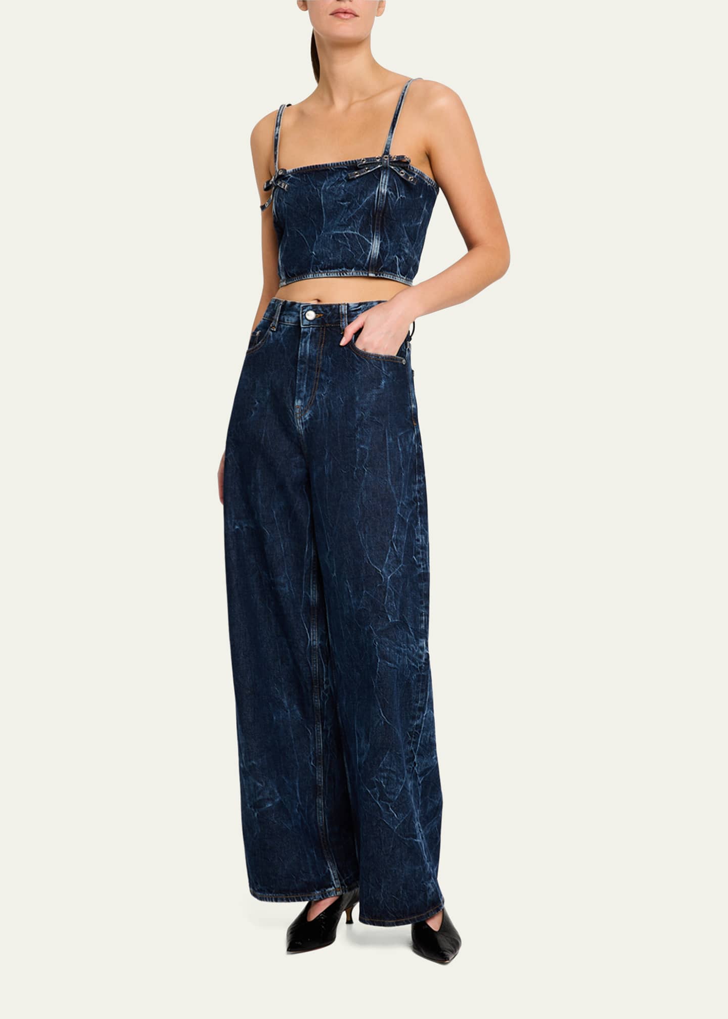 Ganni Crinkled Denim Bow Strap Top Image 2 of 5