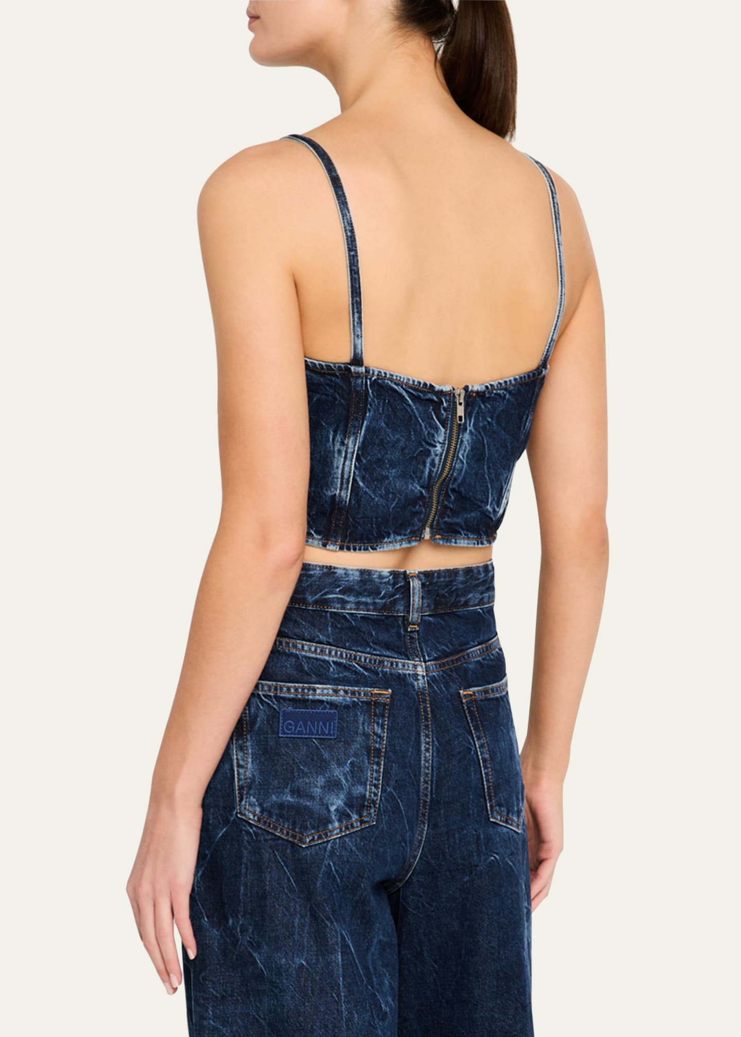 Ganni Crinkled Denim Bow Strap Top Image 3 of 5