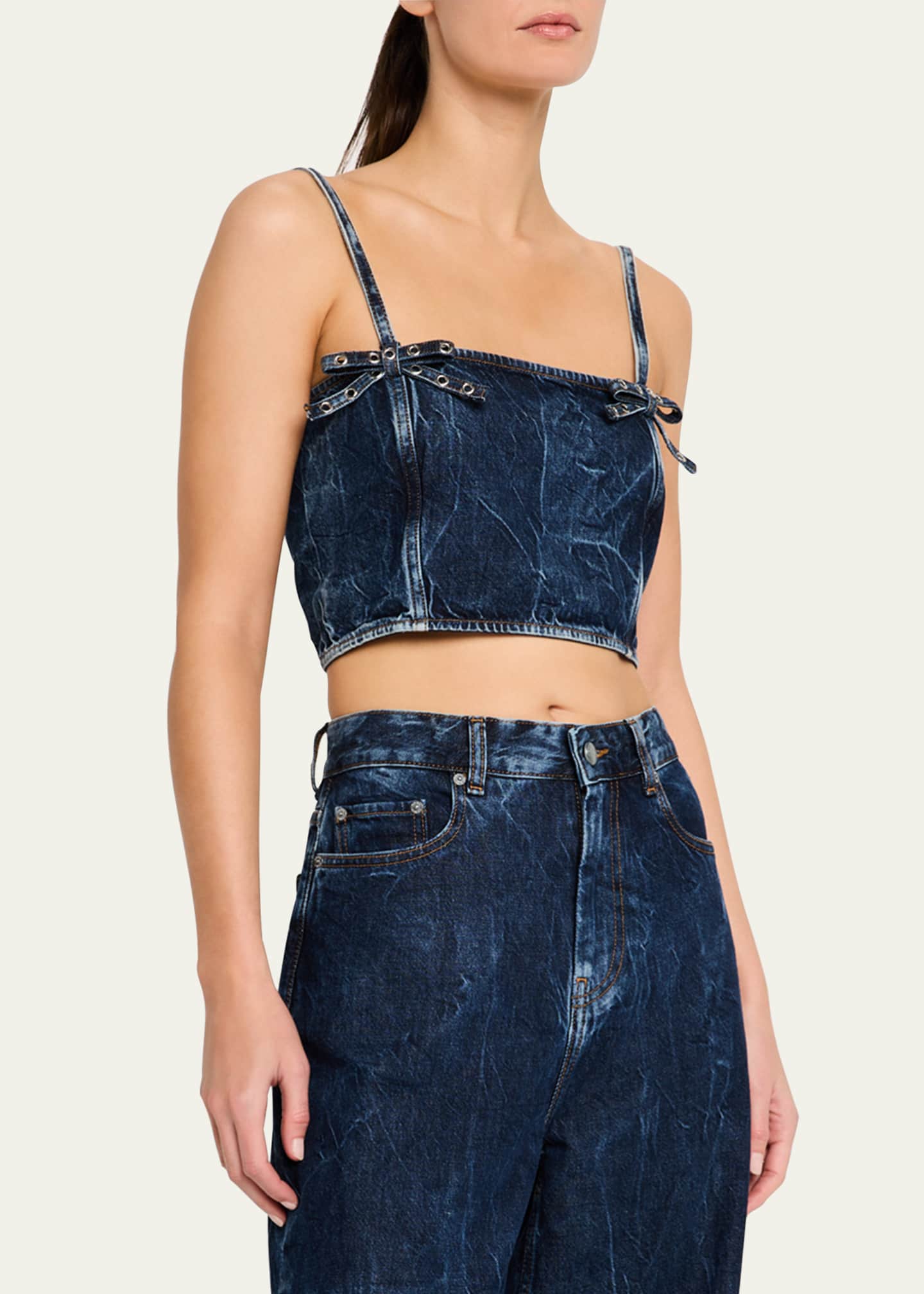 Ganni Crinkled Denim Bow Strap Top Image 4 of 5
