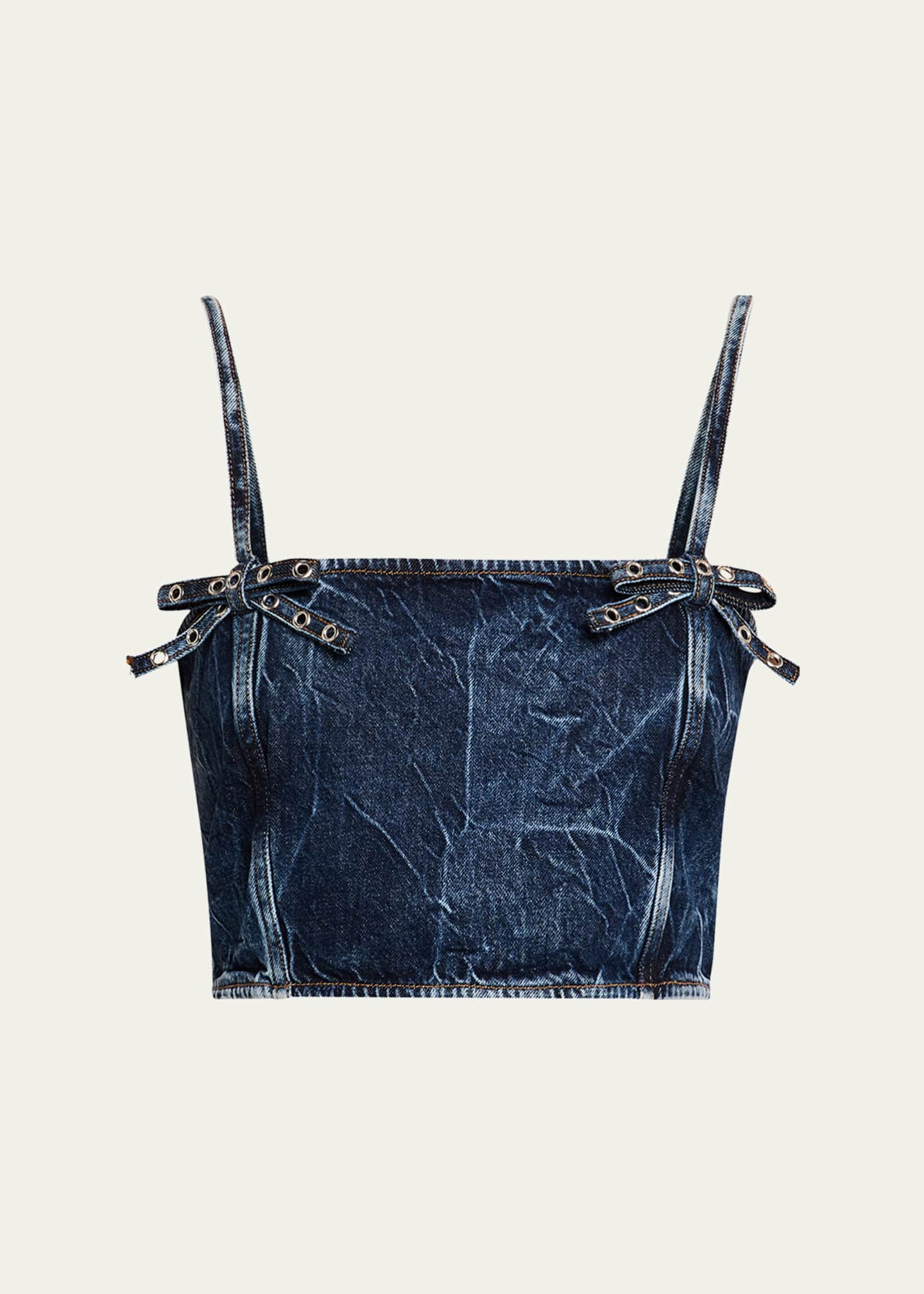 Ganni Crinkled Denim Bow Strap Top Image 1 of 5