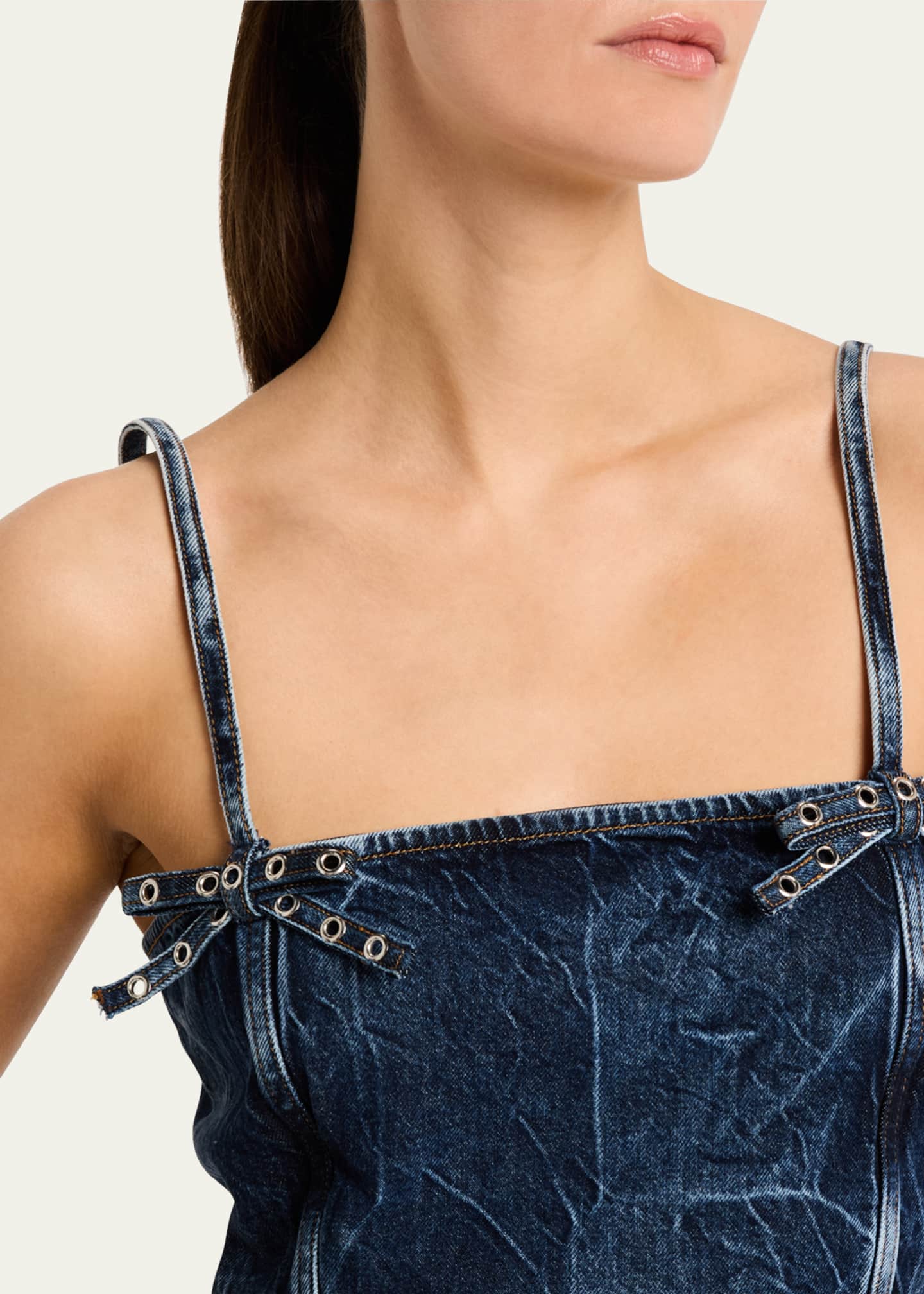 Ganni Crinkled Denim Bow Strap Top Image 5 of 5