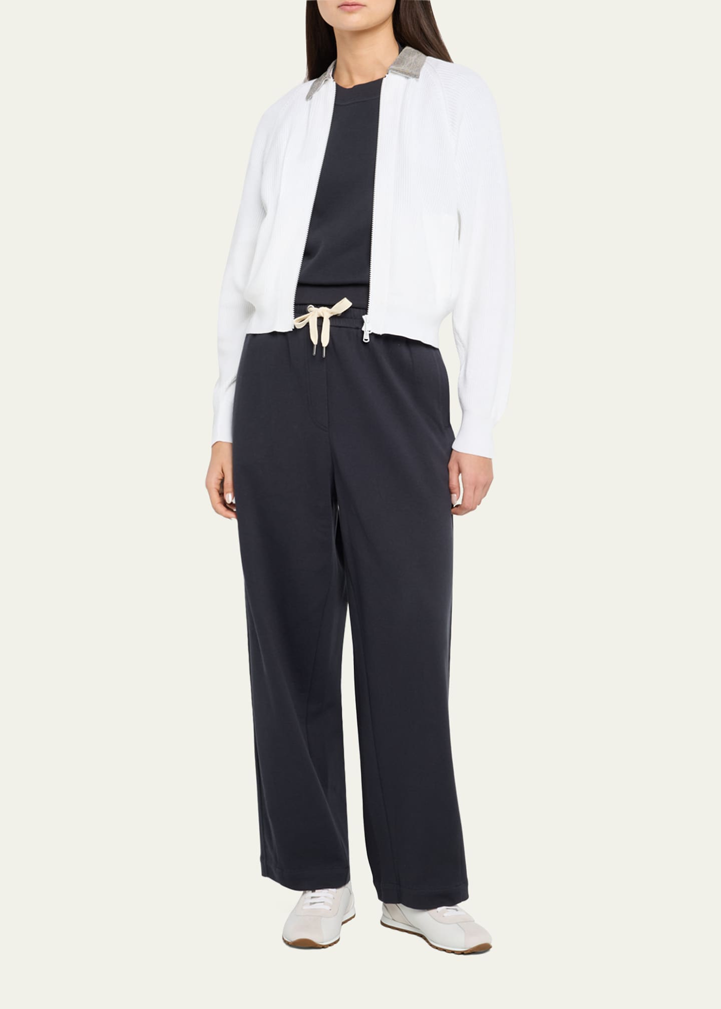 Brunello Cucinelli Monili-Collar Zip Cotton Rib Cardigan Image 2 of 5
