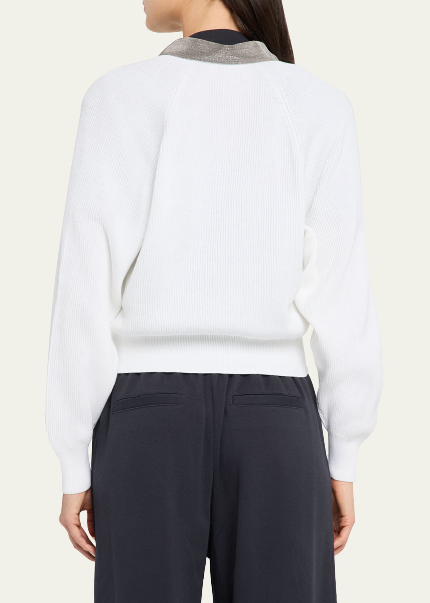 Brunello Cucinelli Monili-Collar Zip Cotton Rib Cardigan Image 3 of 5