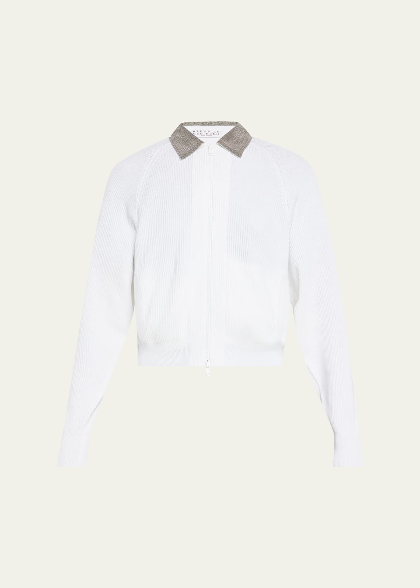 Brunello Cucinelli Monili-Collar Zip Cotton Rib Cardigan Image 1 of 5
