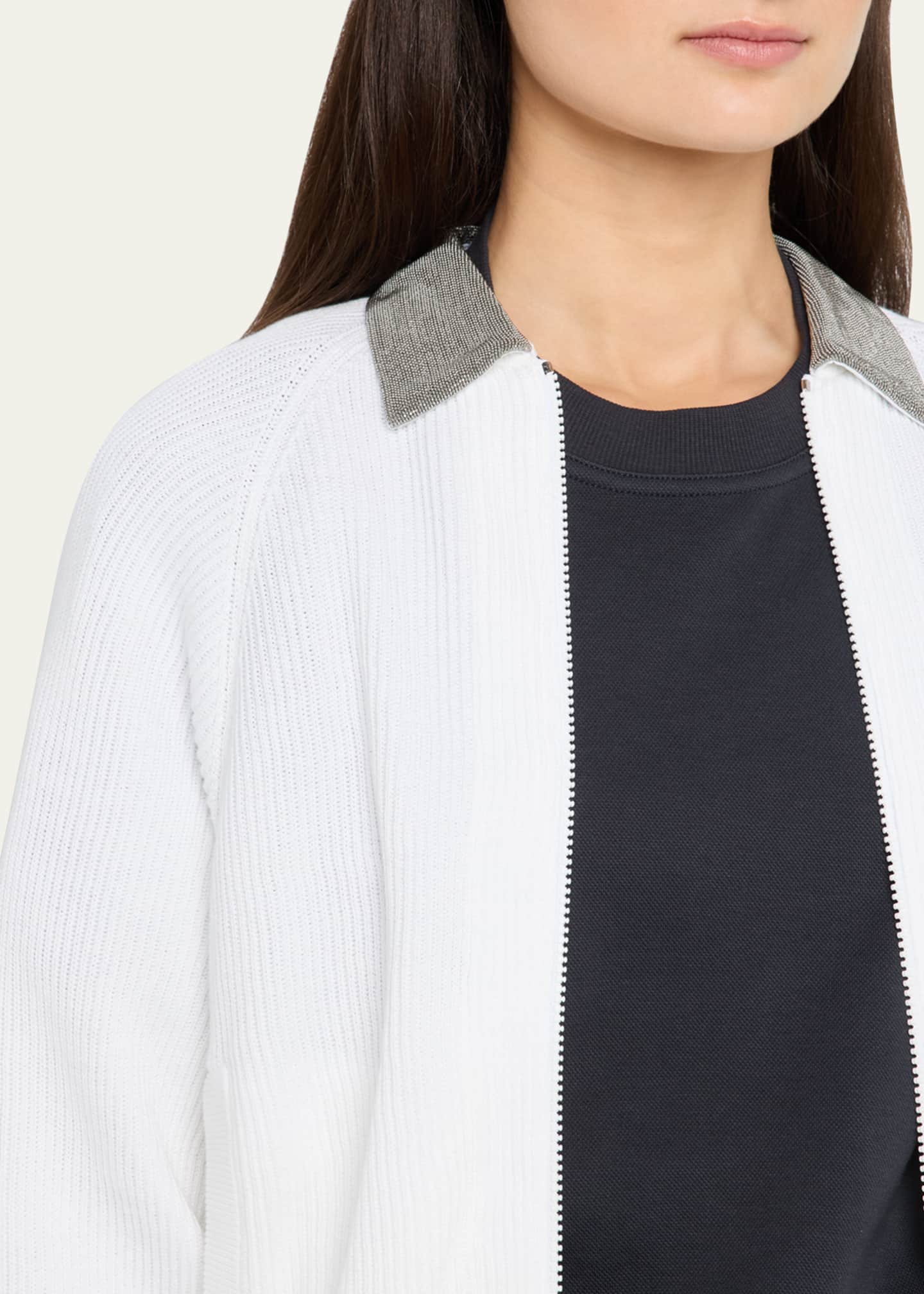 Brunello Cucinelli Monili-Collar Zip Cotton Rib Cardigan Image 5 of 5