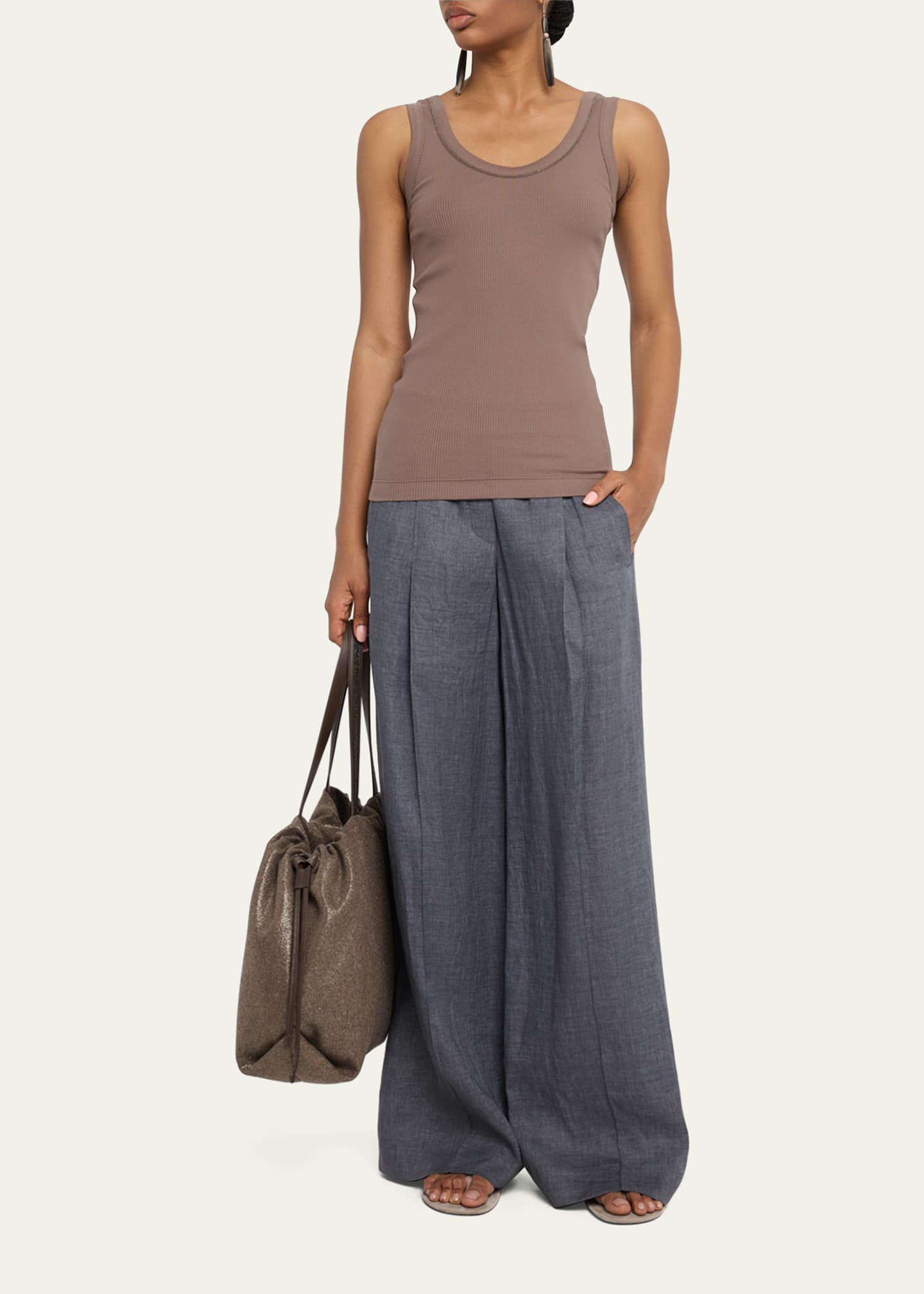 Brunello Cucinelli Monili Scoop-Neck Cotton Rib Tank Top Image 2 of 5