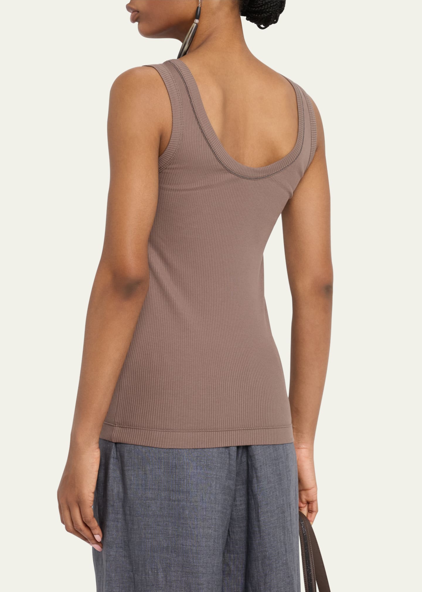 Brunello Cucinelli Monili Scoop-Neck Cotton Rib Tank Top Image 3 of 5