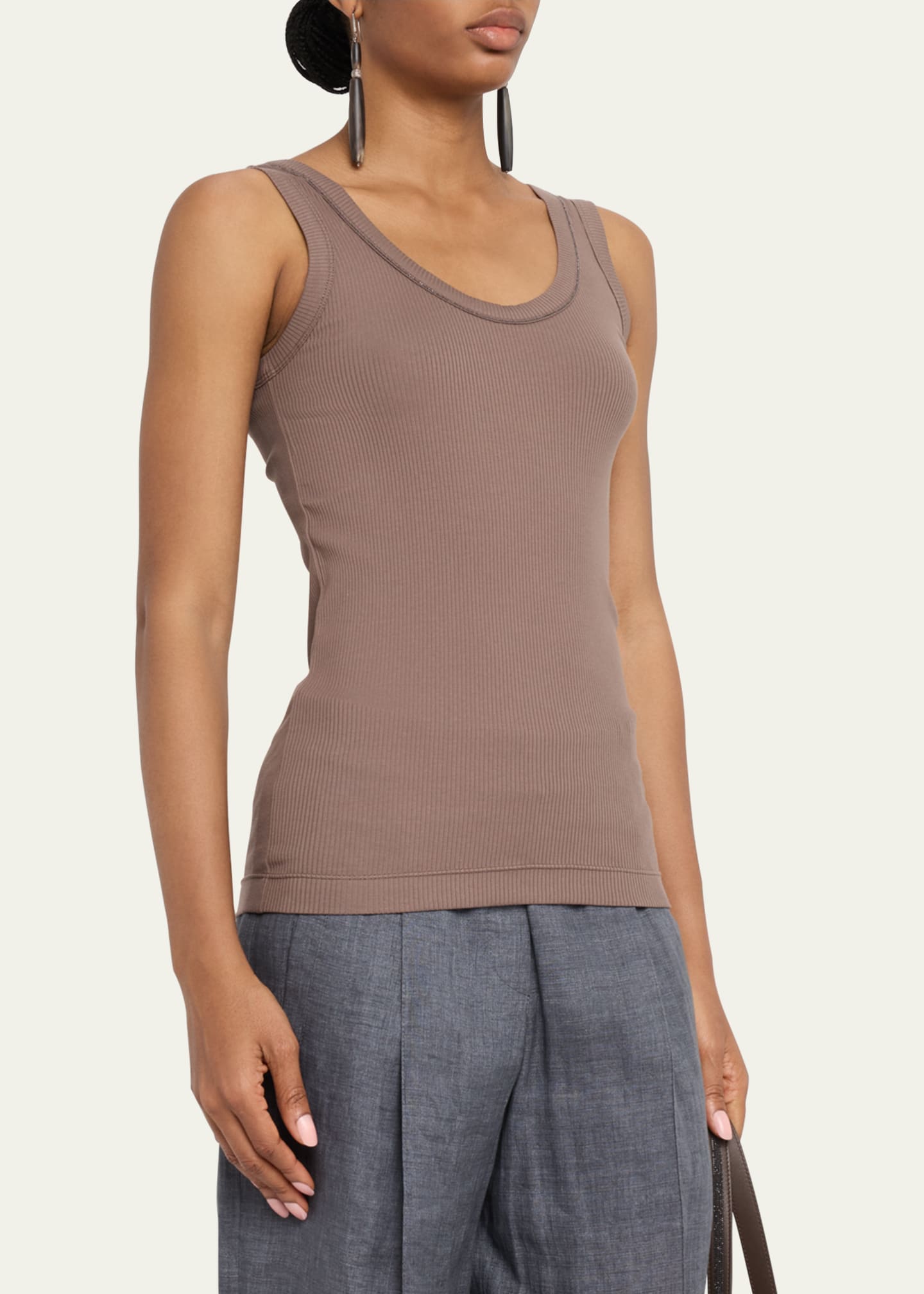 Brunello Cucinelli Monili Scoop-Neck Cotton Rib Tank Top Image 4 of 5