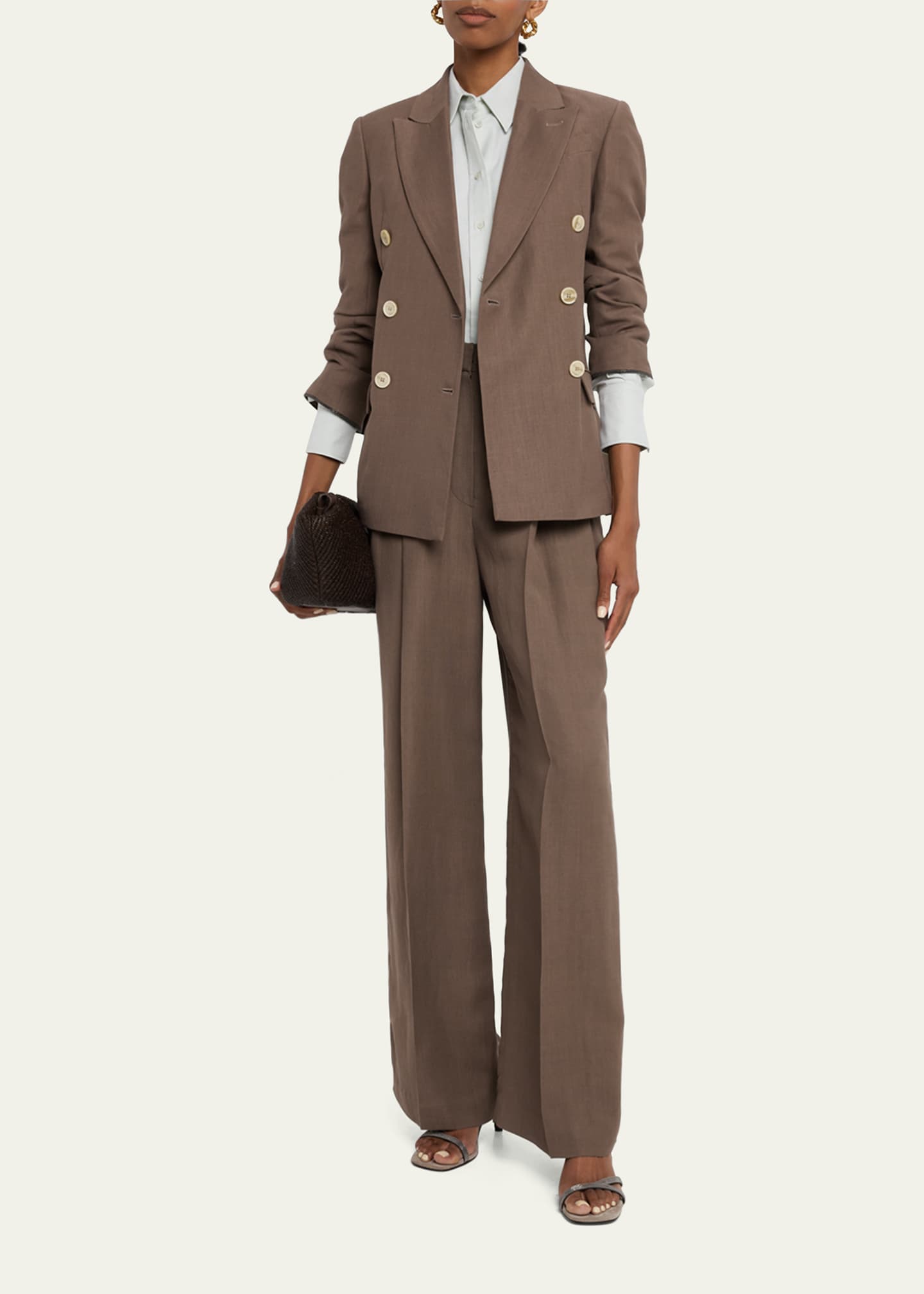 Brunello Cucinelli Crest Embroidered Patch-Pockets Short Button-Down Shirt Image 2 of 5