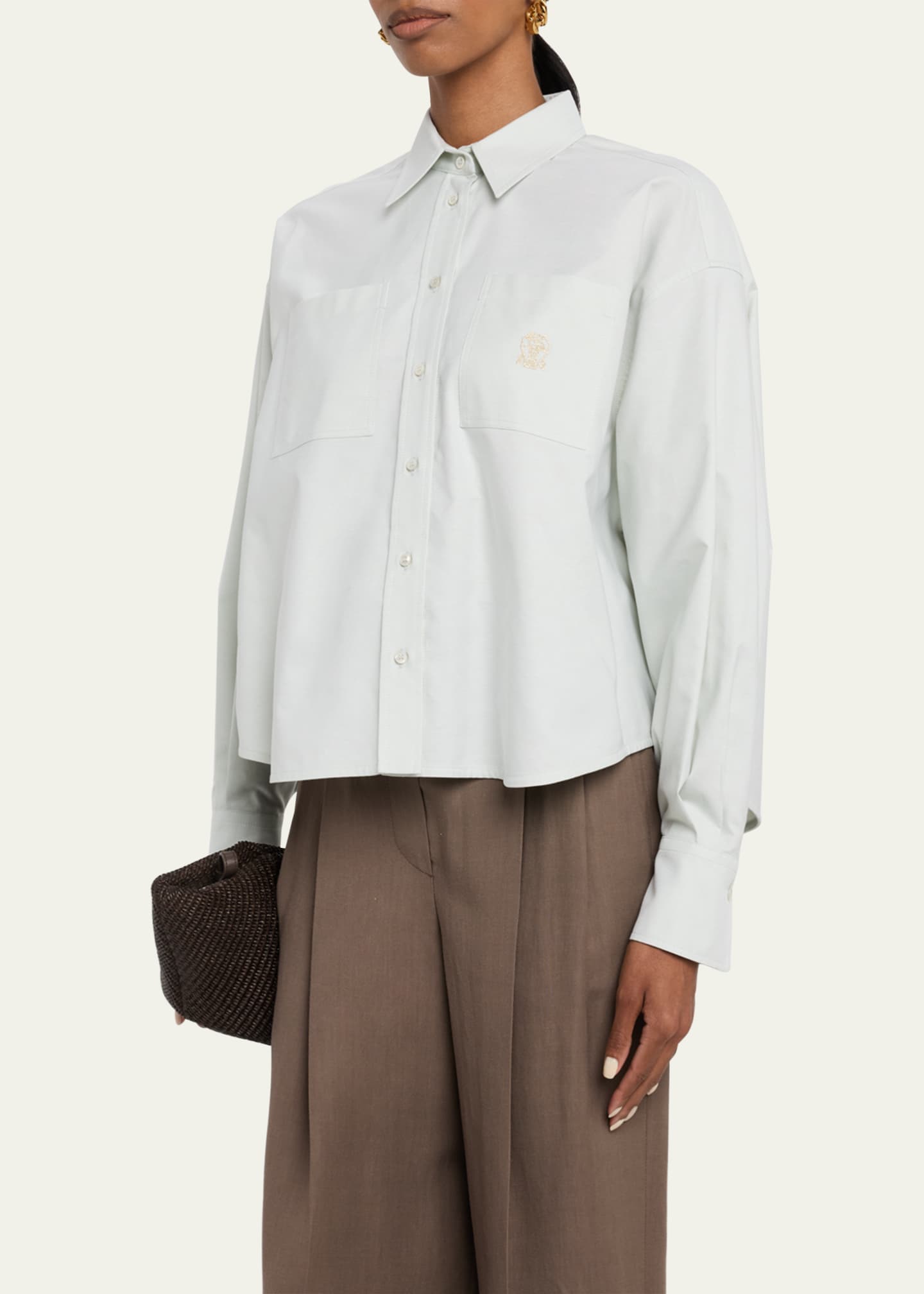 Brunello Cucinelli Crest Embroidered Patch-Pockets Short Button-Down Shirt Image 4 of 5