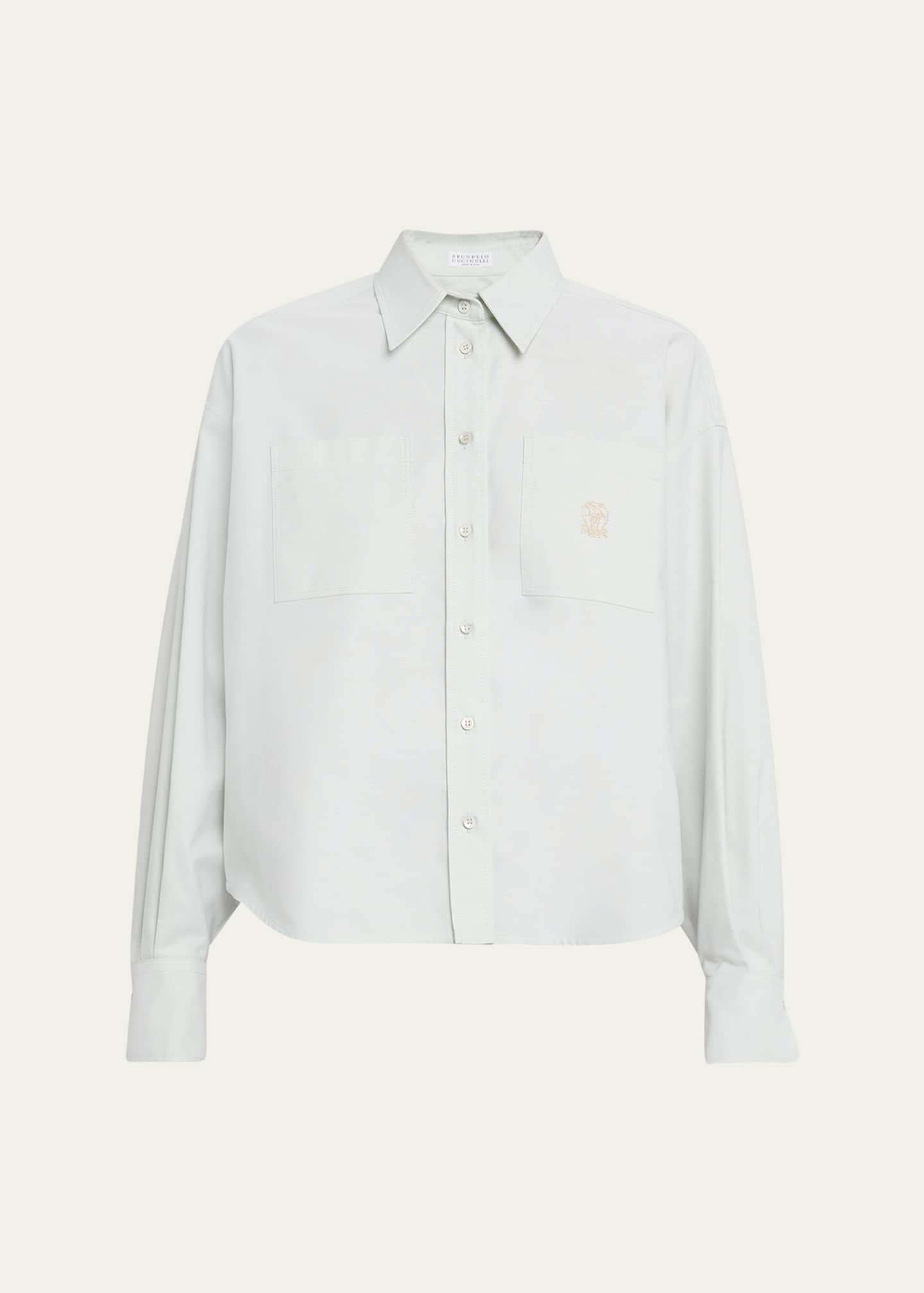 Brunello Cucinelli Crest Embroidered Patch-Pockets Short Button-Down Shirt Image 1 of 5