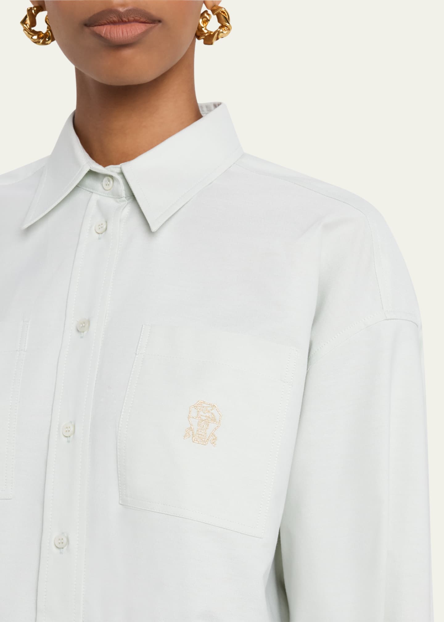 Brunello Cucinelli Crest Embroidered Patch-Pockets Short Button-Down Shirt Image 5 of 5