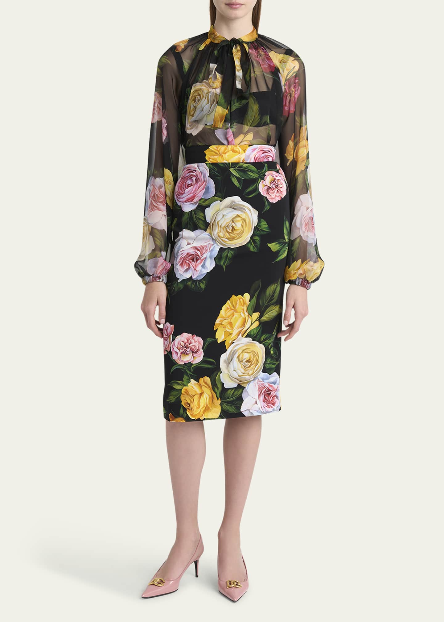 Dolce&Gabbana Rose Tie-Neck Chiffon Cropped Blouse Image 2 of 5