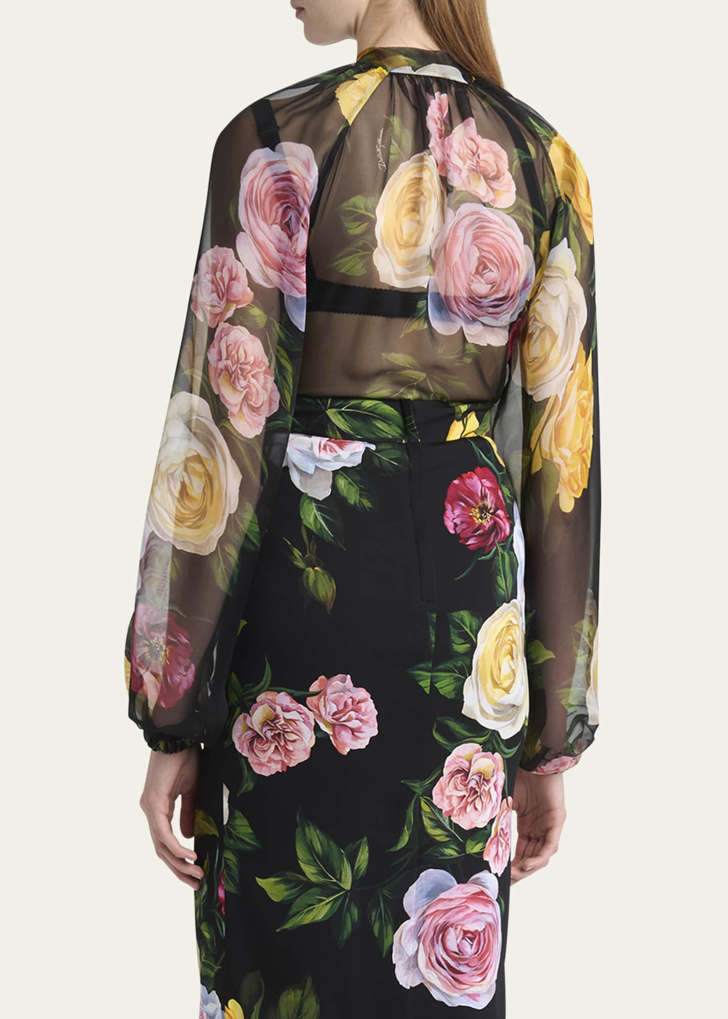 Dolce&Gabbana Rose Tie-Neck Chiffon Cropped Blouse Image 3 of 5