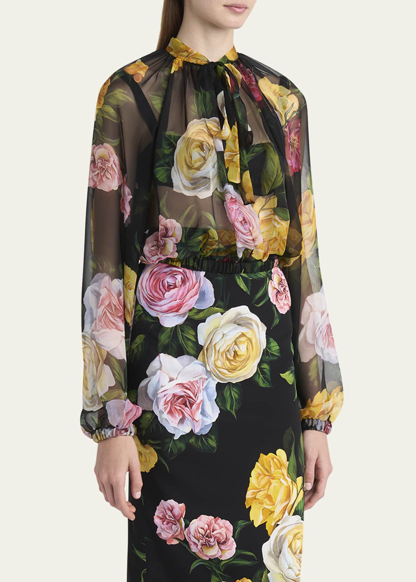 Dolce&Gabbana Rose Tie-Neck Chiffon Cropped Blouse Image 4 of 5