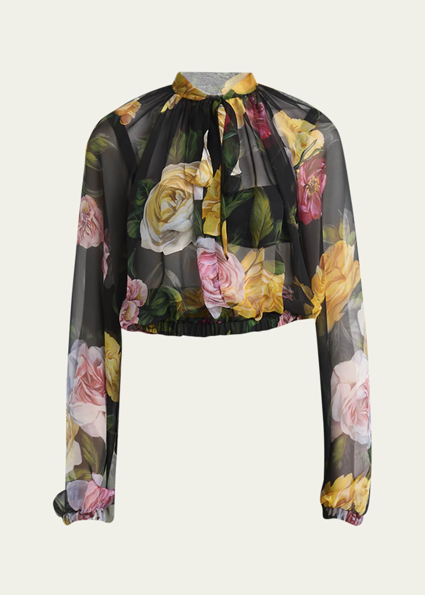 Dolce&Gabbana Rose Tie-Neck Chiffon Cropped Blouse Image 1 of 5