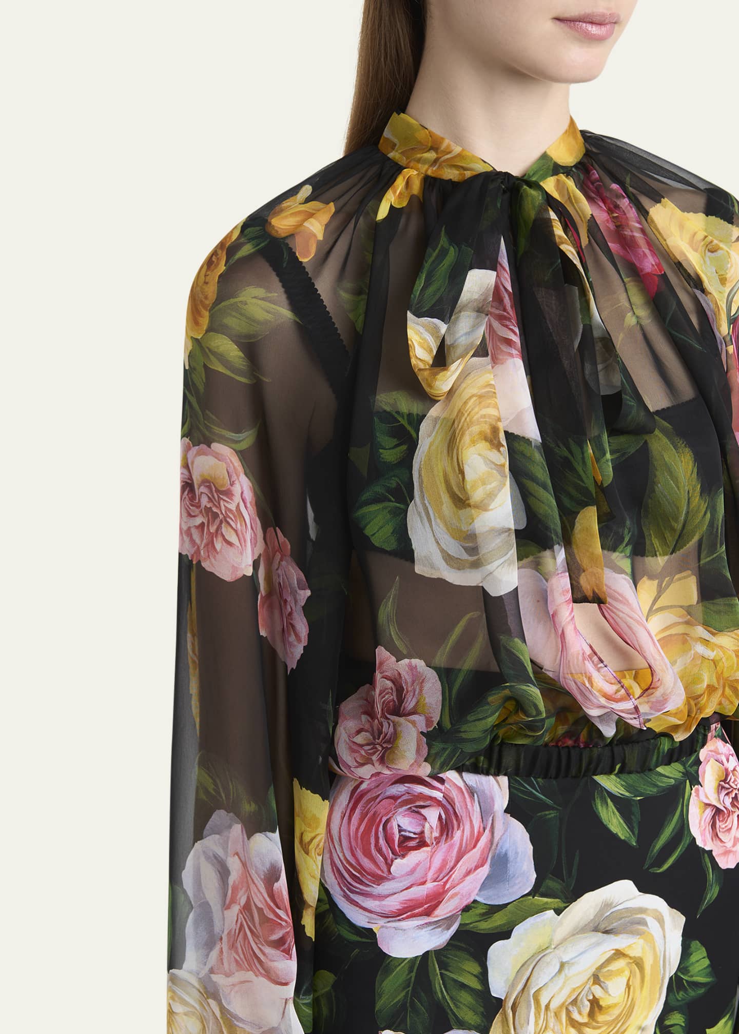 Dolce&Gabbana Rose Tie-Neck Chiffon Cropped Blouse Image 5 of 5