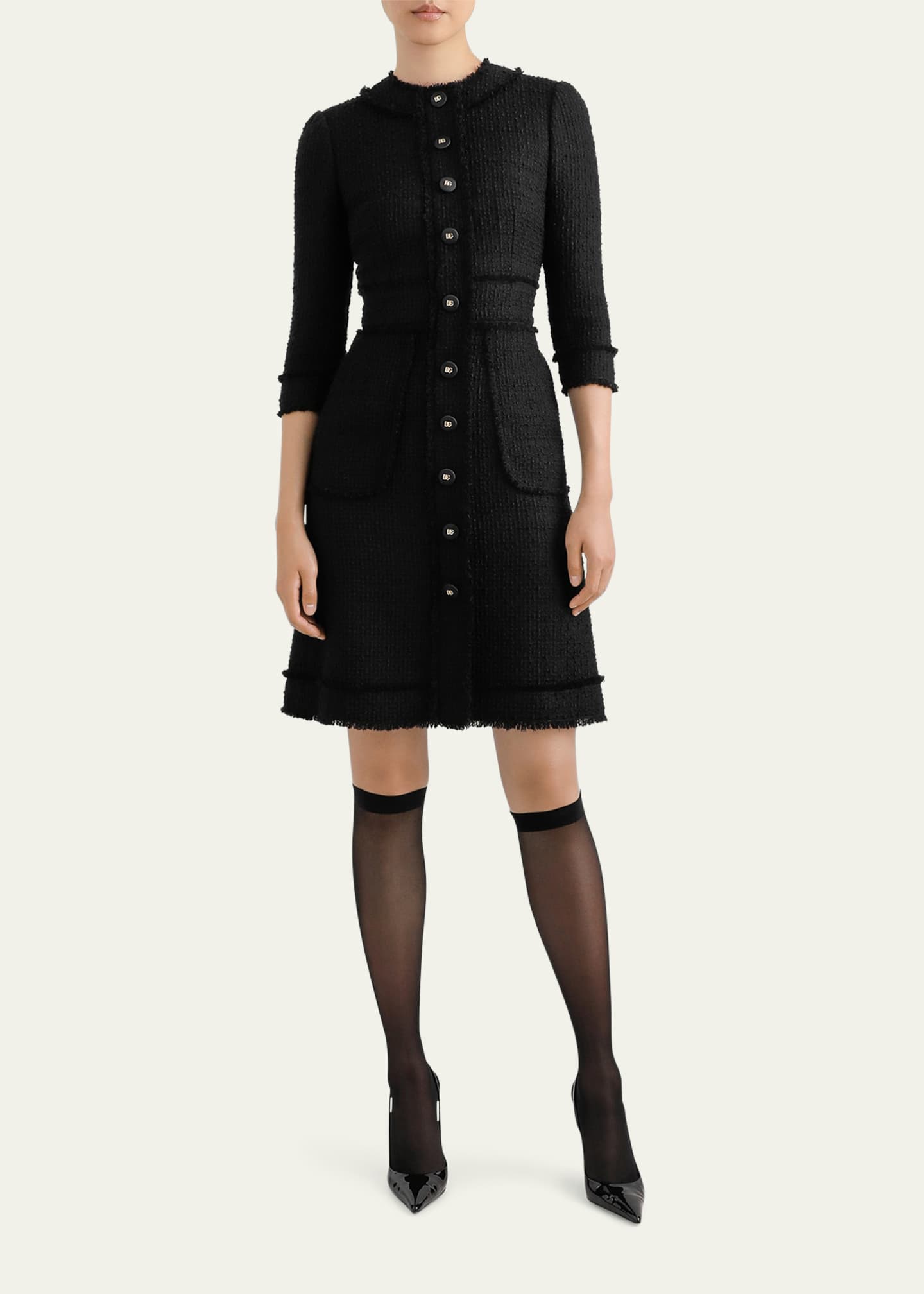 Button-Front 3/4-Sleeve Tweed Dress