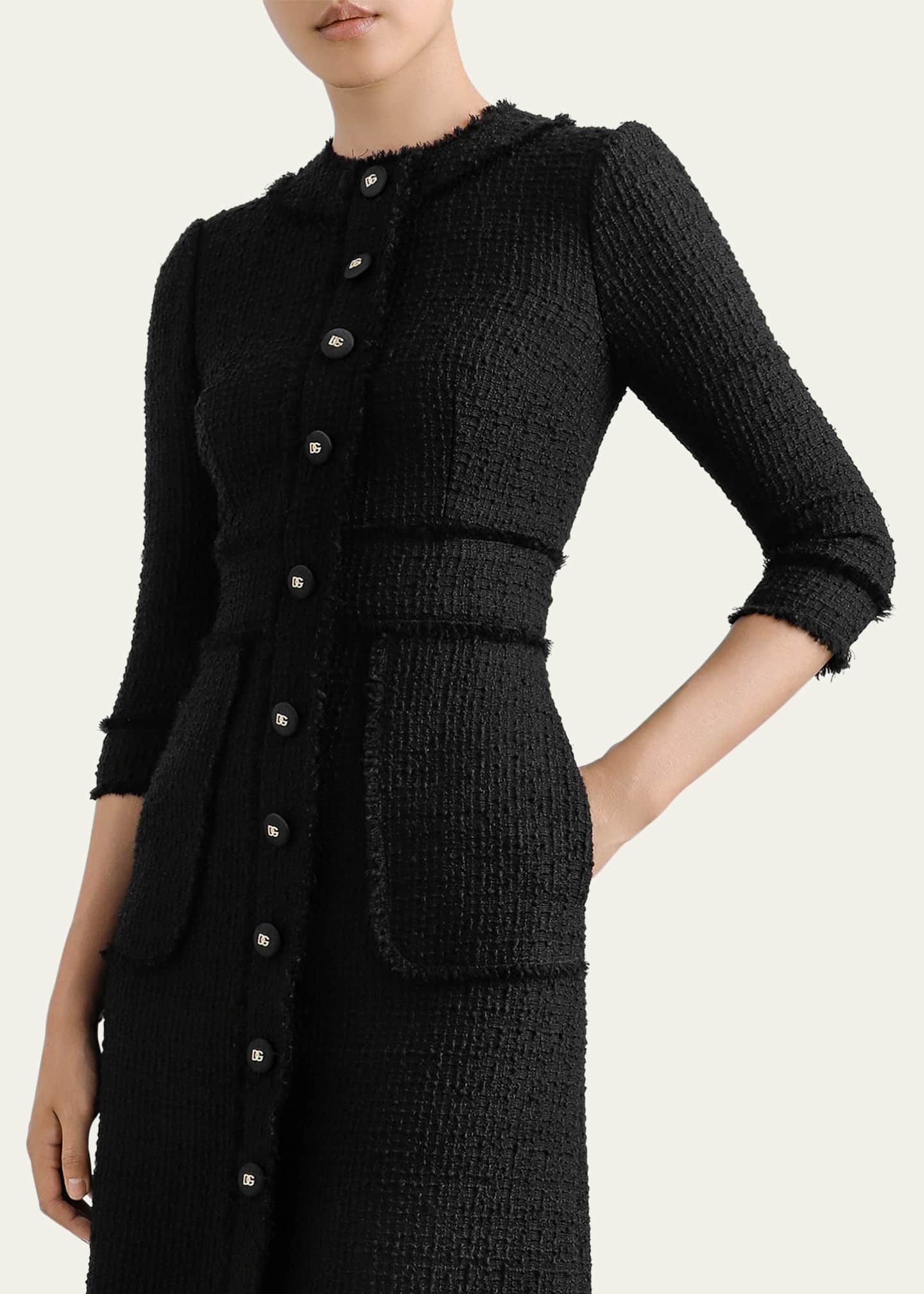 Button-Front 3/4-Sleeve Tweed Dress