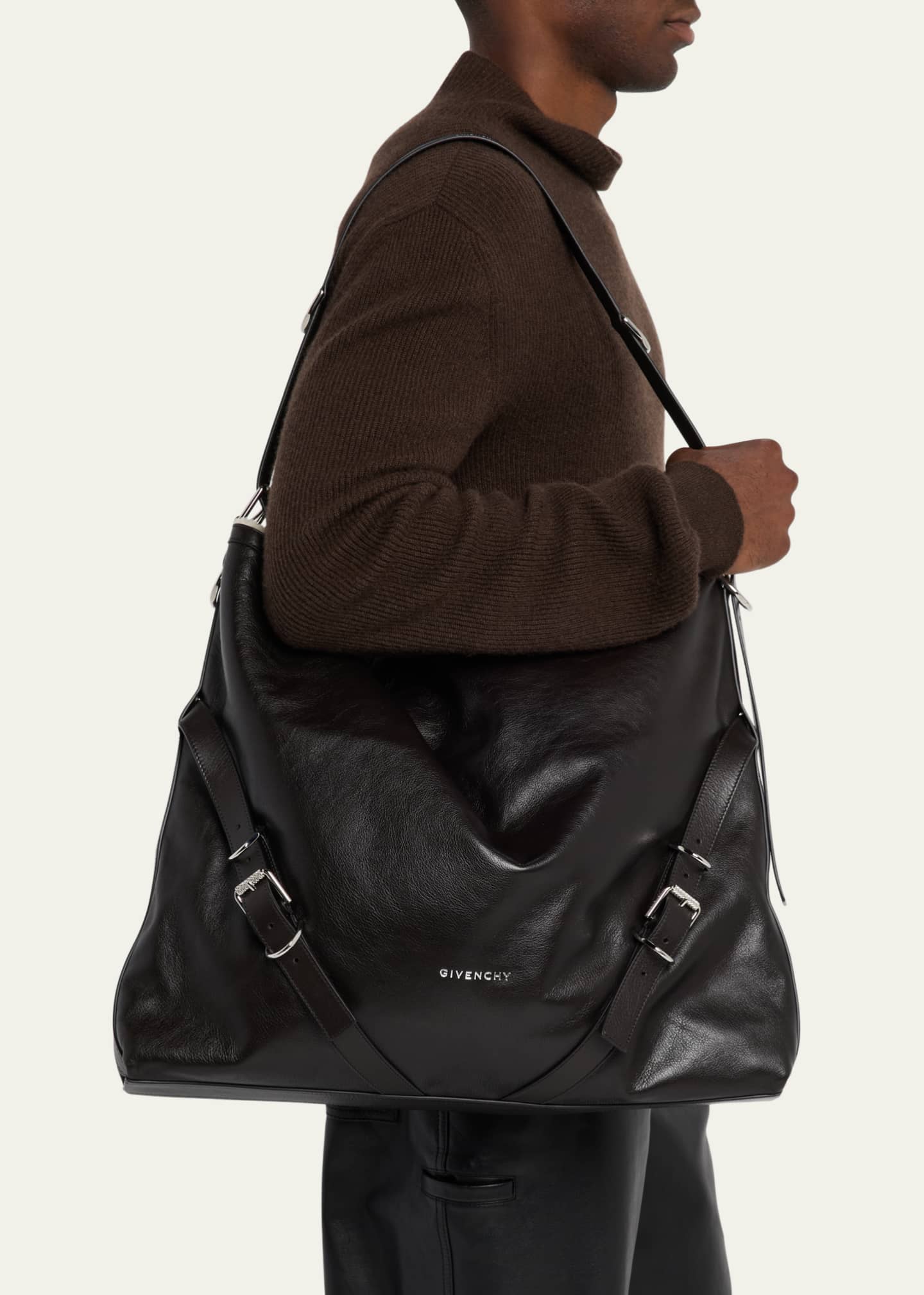 Givenchy Men's Voyou Large Leather Shearling-Lined Shoulder Bag Image 2 of 6