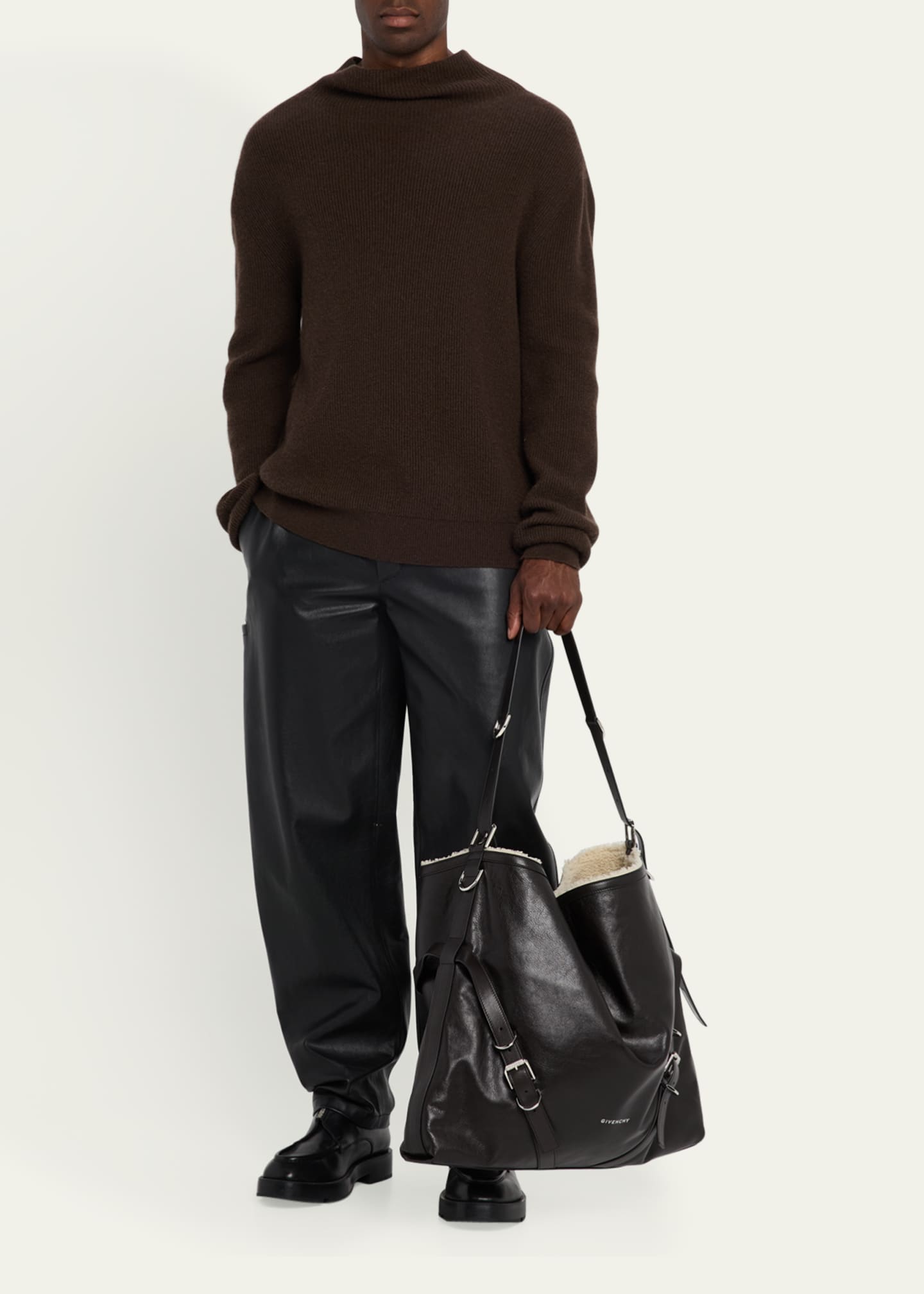 Givenchy Men's Voyou Large Leather Shearling-Lined Shoulder Bag Image 5 of 6