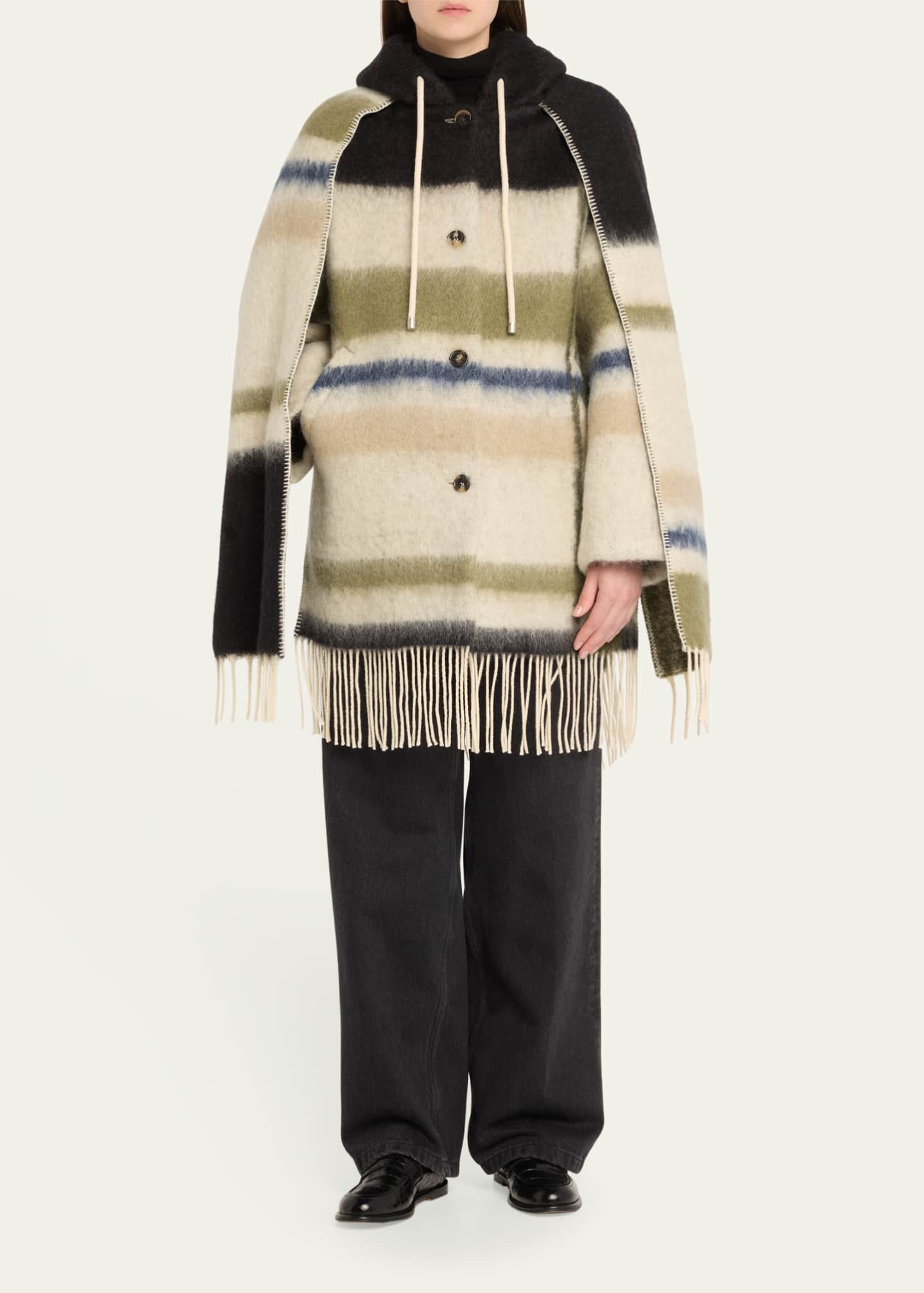 Stripe Hooded Mohair Wool Scarf Coat