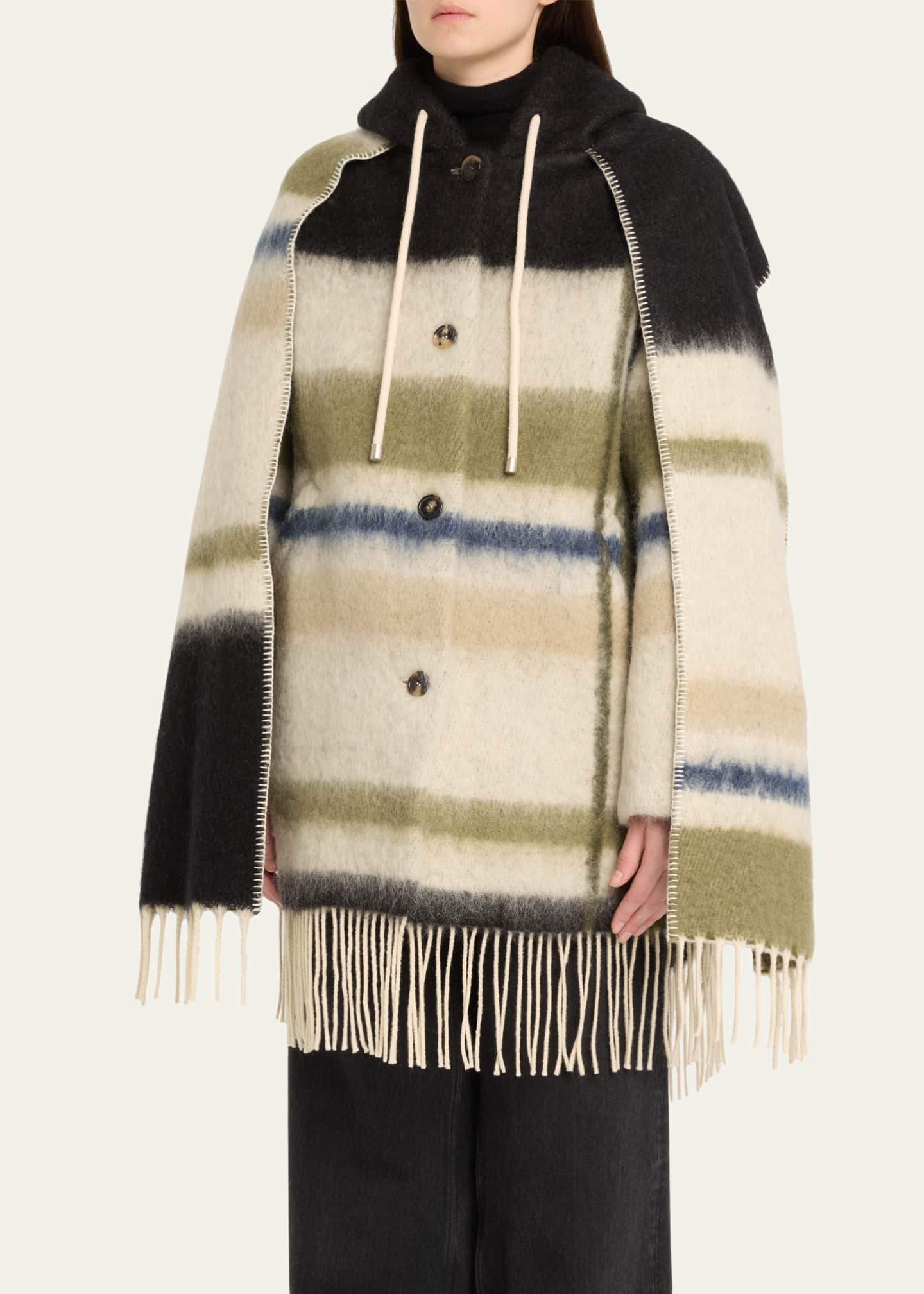 Stripe Hooded Mohair Wool Scarf Coat