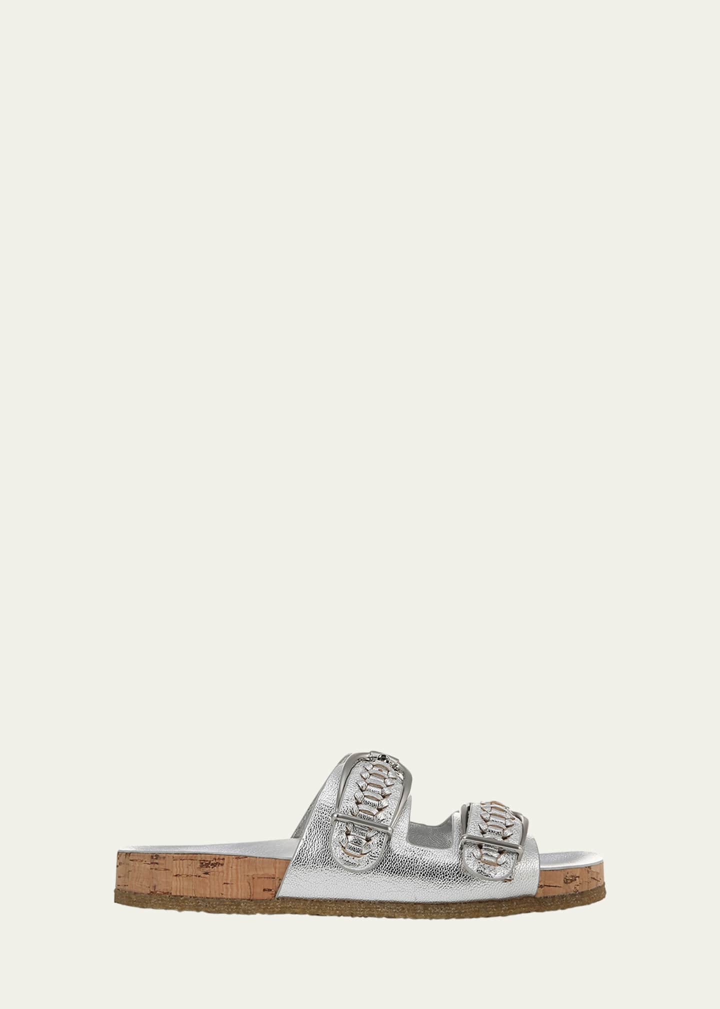 Veronica Beard Paige Metallic Dual-Buckle Slide Sandals Image 1 of 6