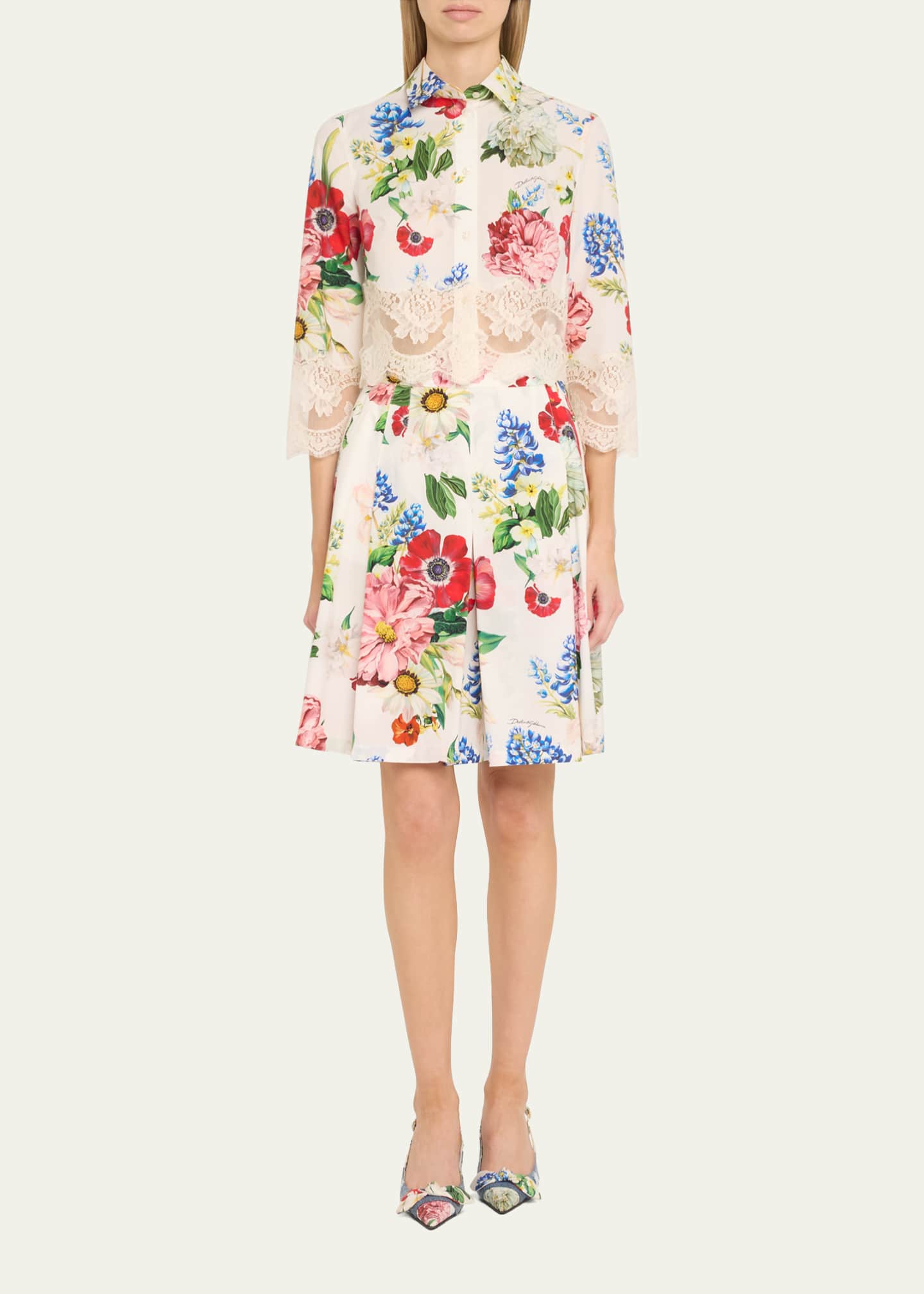 Dolce&Gabbana Lace-Trim Floral Crop Button-Down Shirt Image 2 of 5