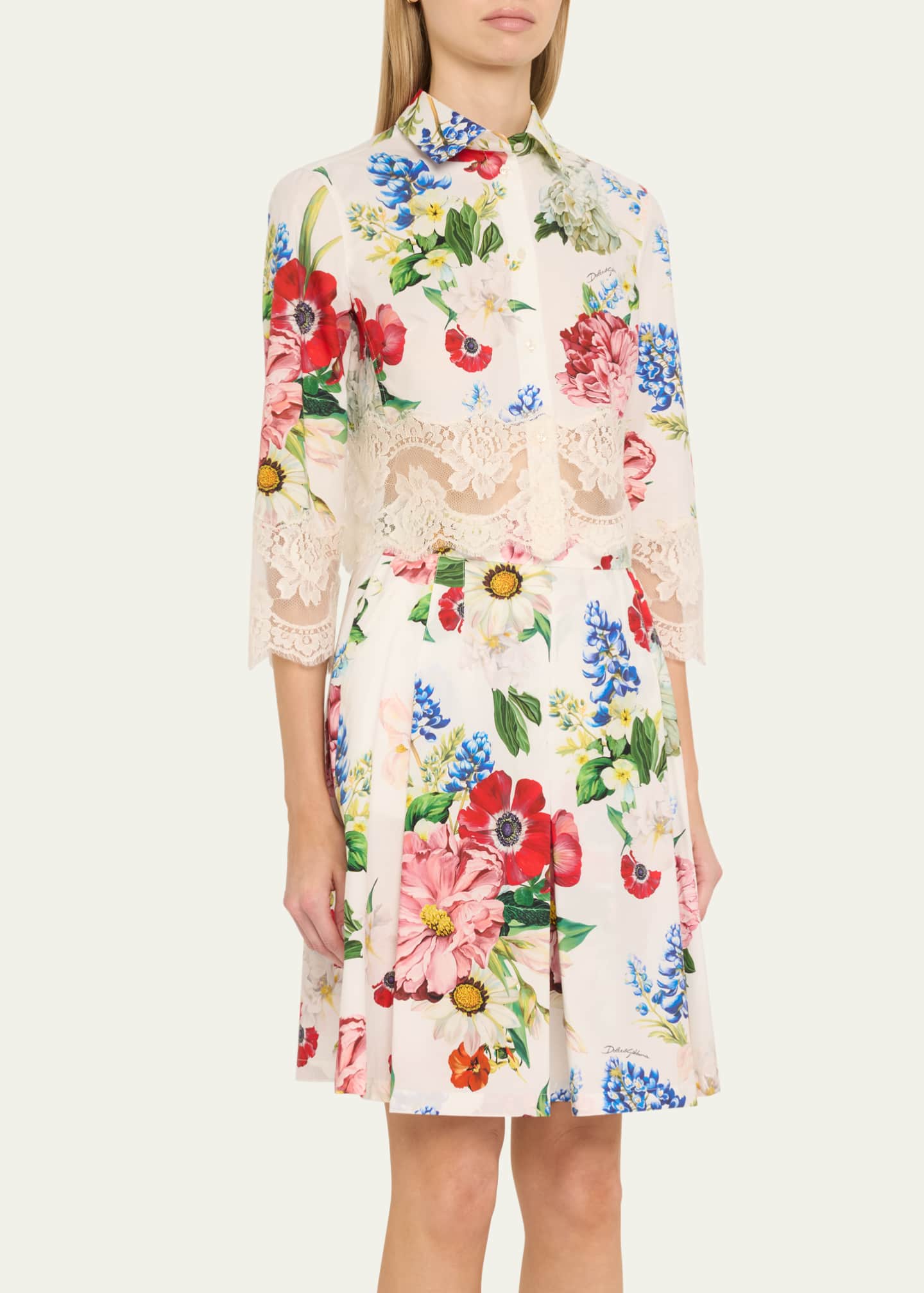 Dolce&Gabbana Lace-Trim Floral Crop Button-Down Shirt Image 4 of 5