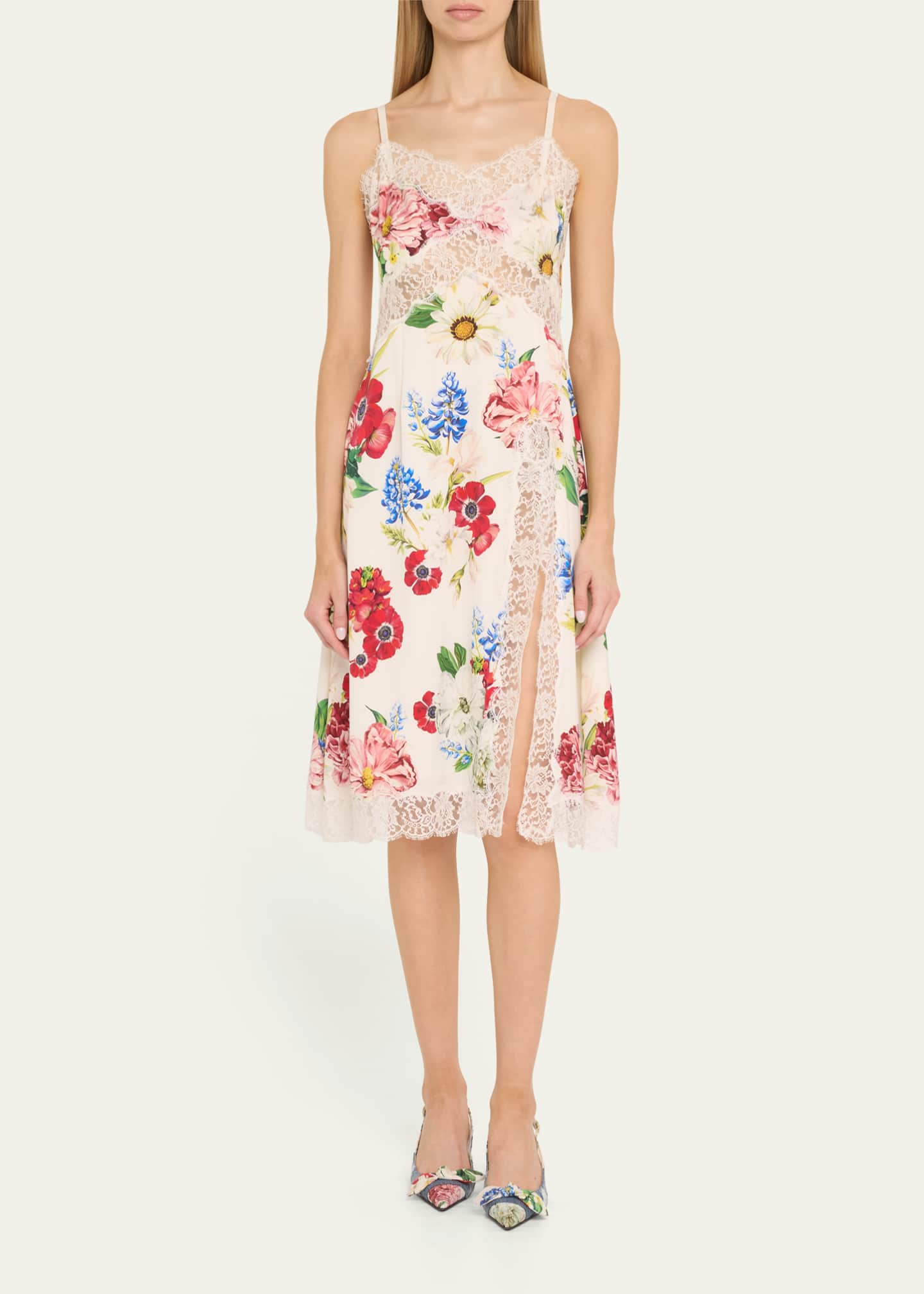 Dolce&Gabbana Floral Lace-Trim Slit Midi Slip Dress