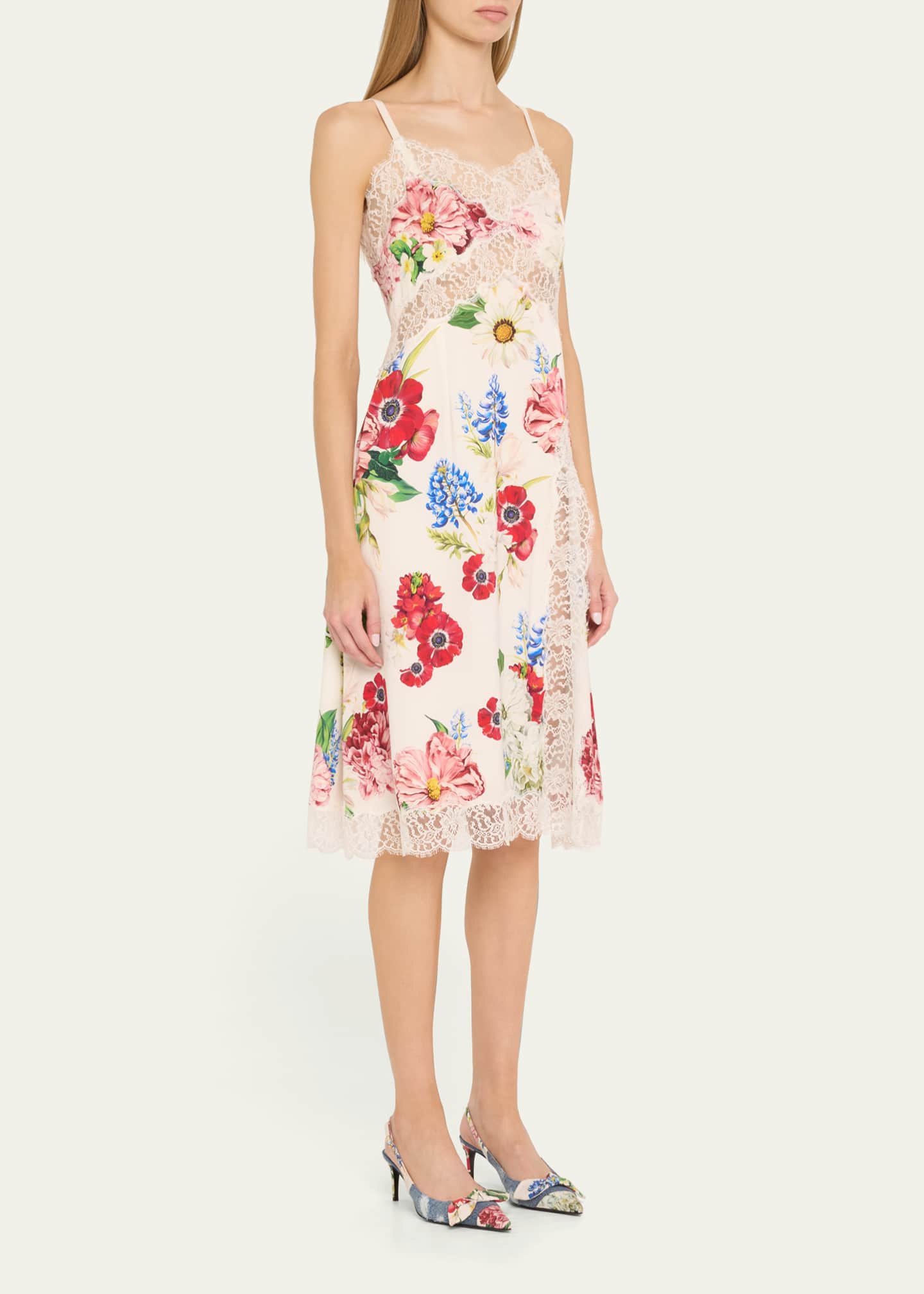 Dolce&Gabbana Floral Lace-Trim Slit Midi Slip Dress