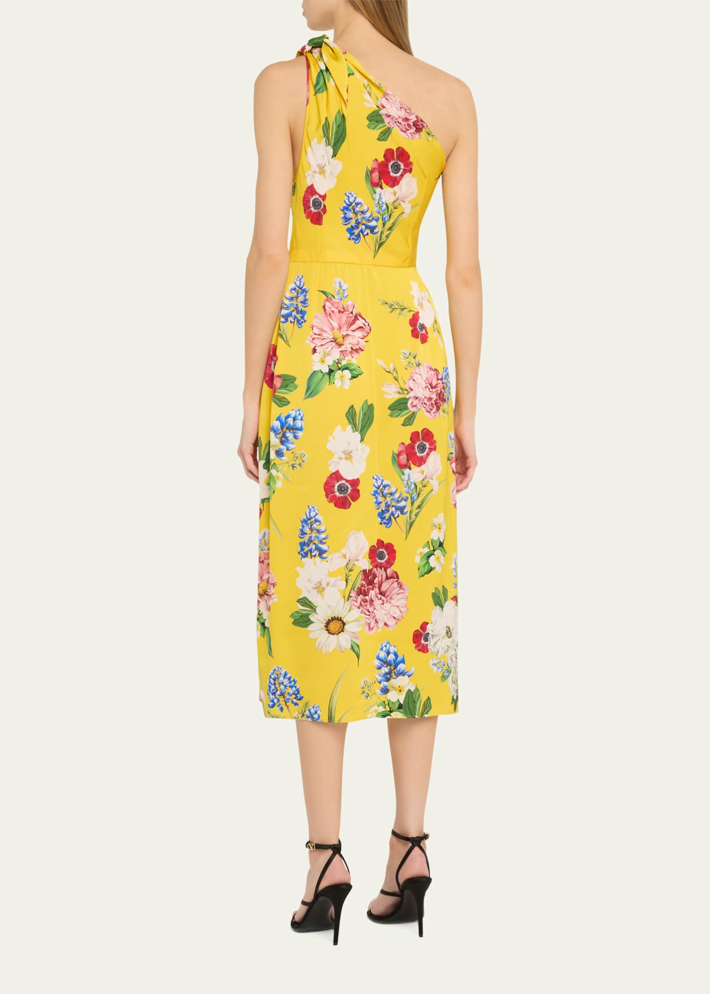 Dolce&Gabbana Floral Tie One-Shoulder Charmeuse Midi Dress Image 3 of 5