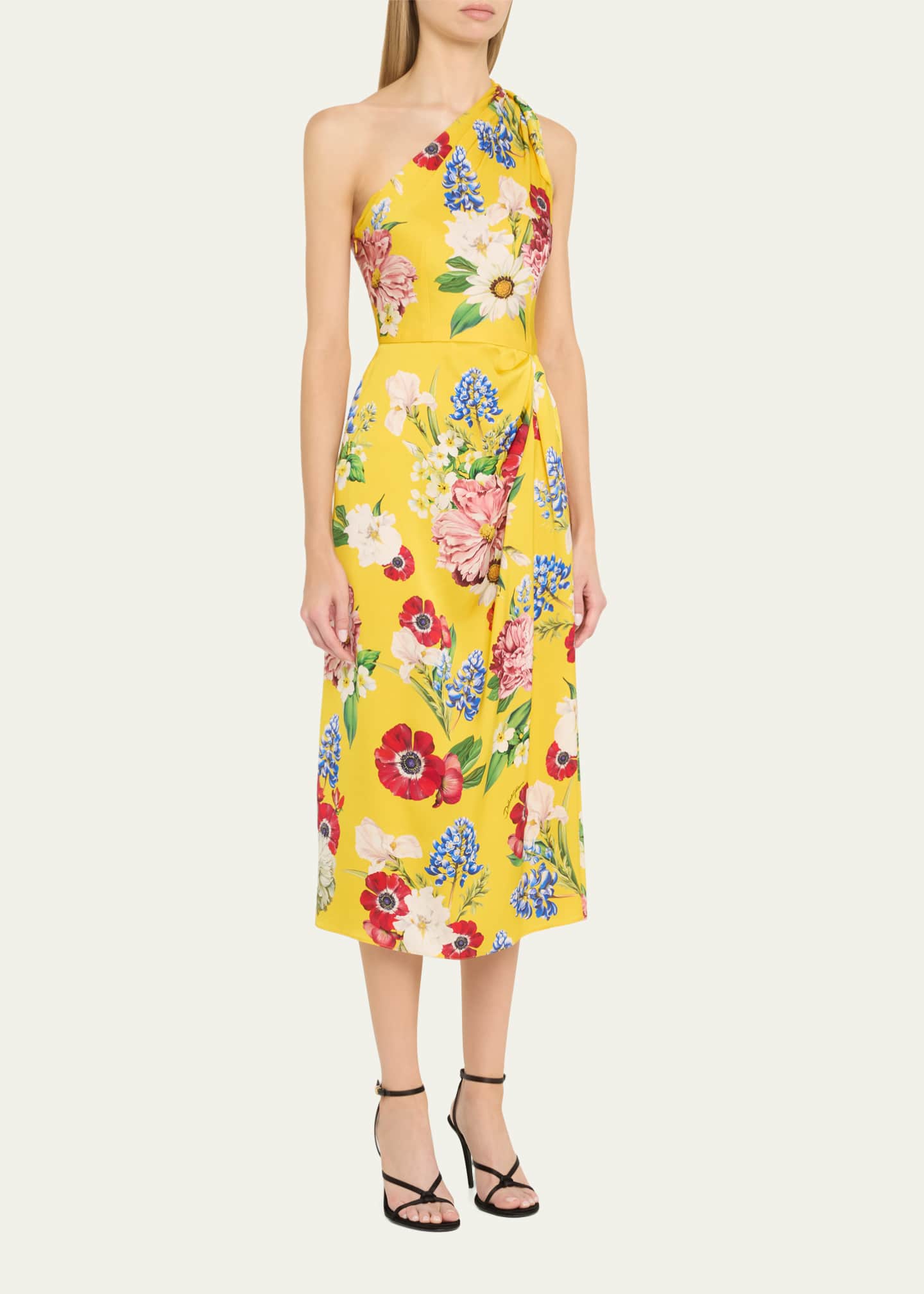 Dolce&Gabbana Floral Tie One-Shoulder Charmeuse Midi Dress Image 4 of 5