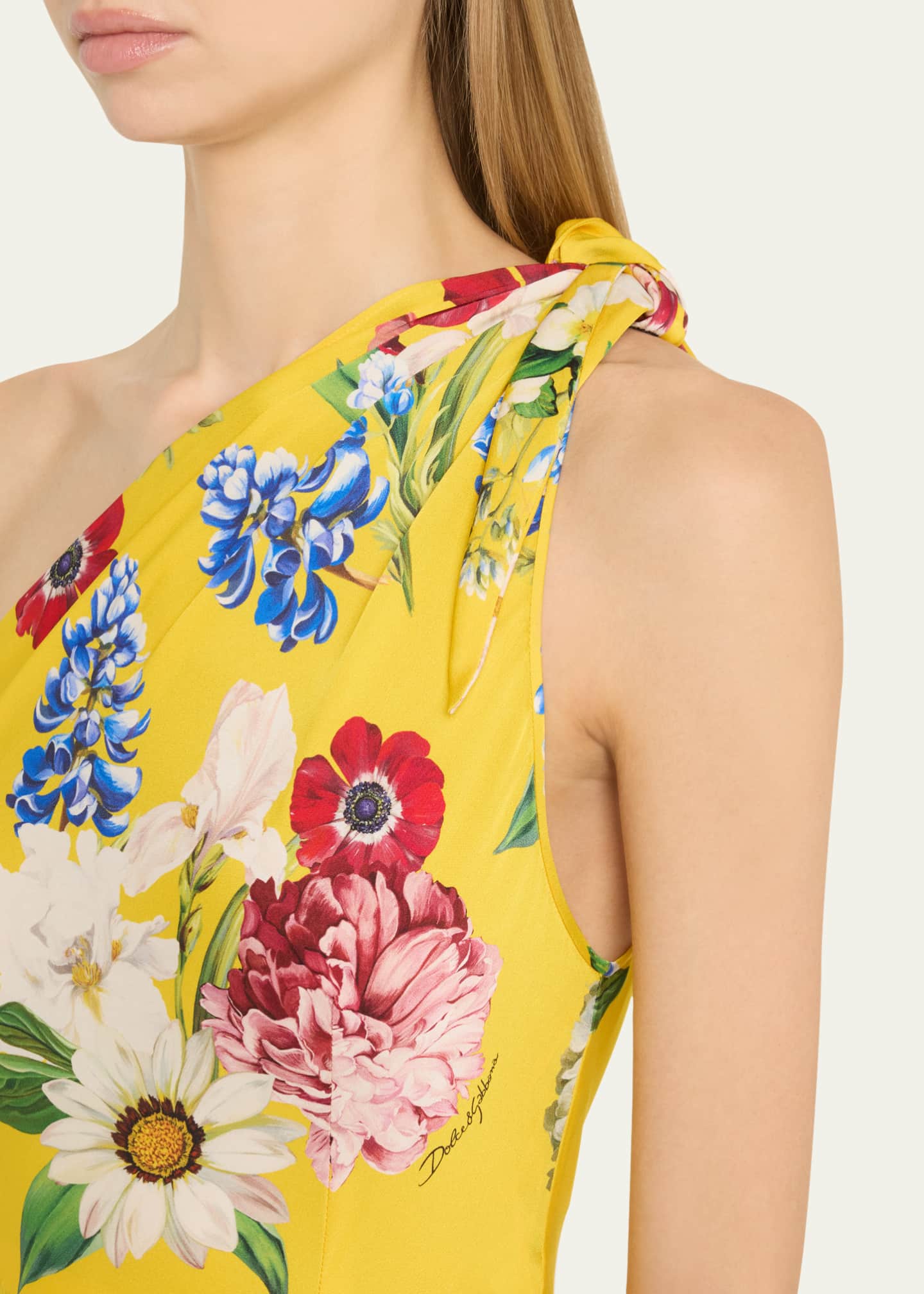 Dolce&Gabbana Floral Tie One-Shoulder Charmeuse Midi Dress Image 5 of 5