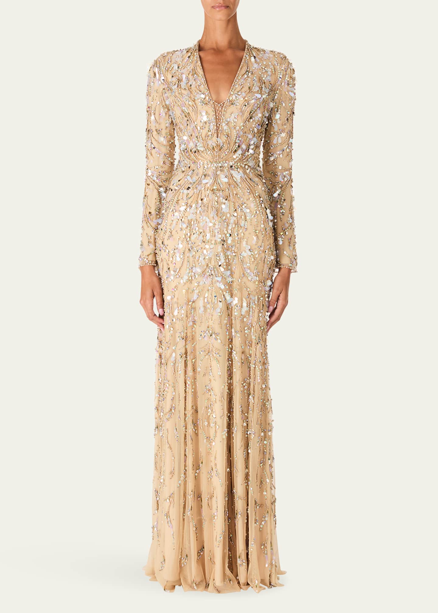 Jenny Packham Kaia Embellished Long-Sleeve Plunging Illusion Gown Image 2 of 4