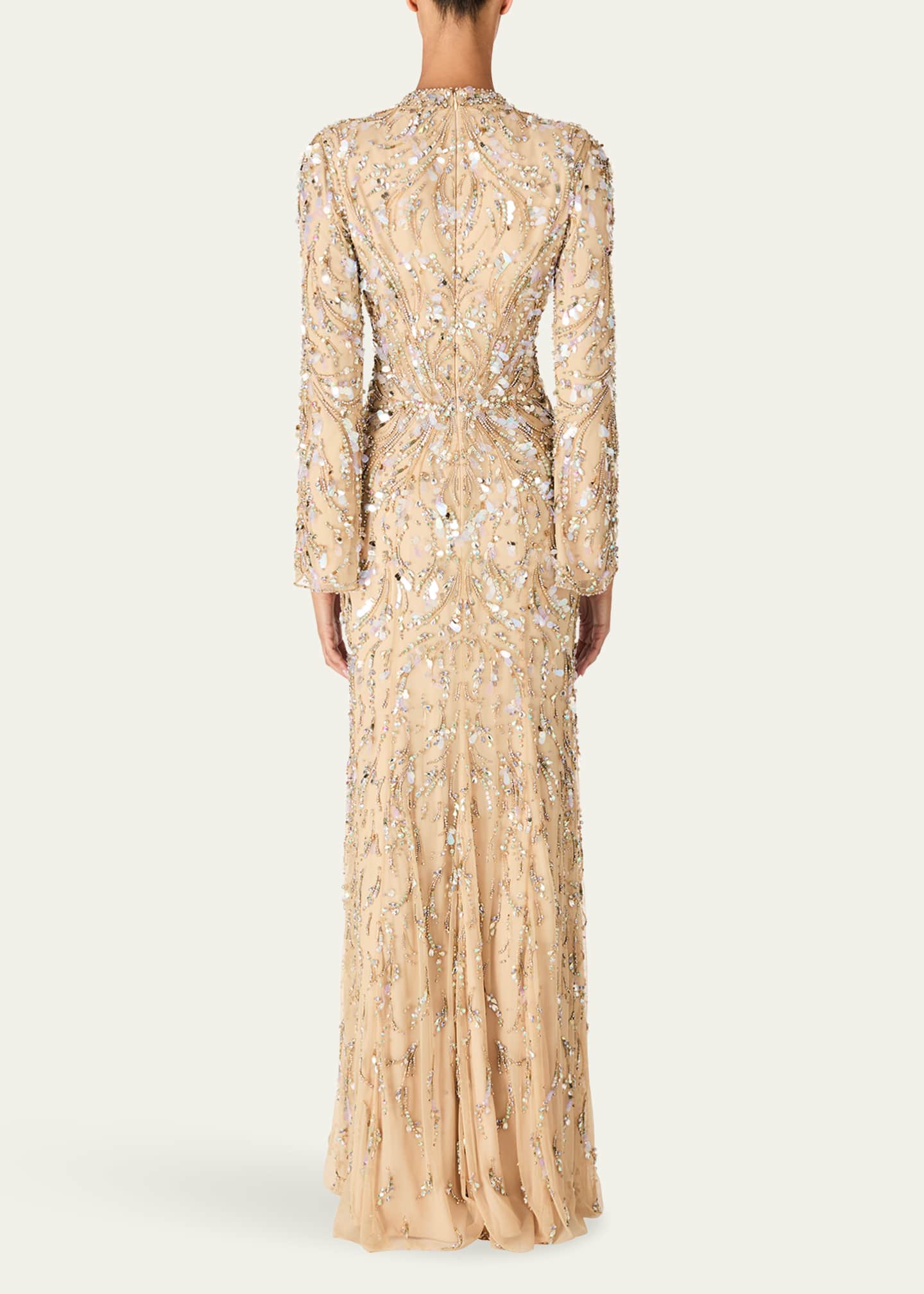 Jenny Packham Kaia Embellished Long-Sleeve Plunging Illusion Gown Image 3 of 4
