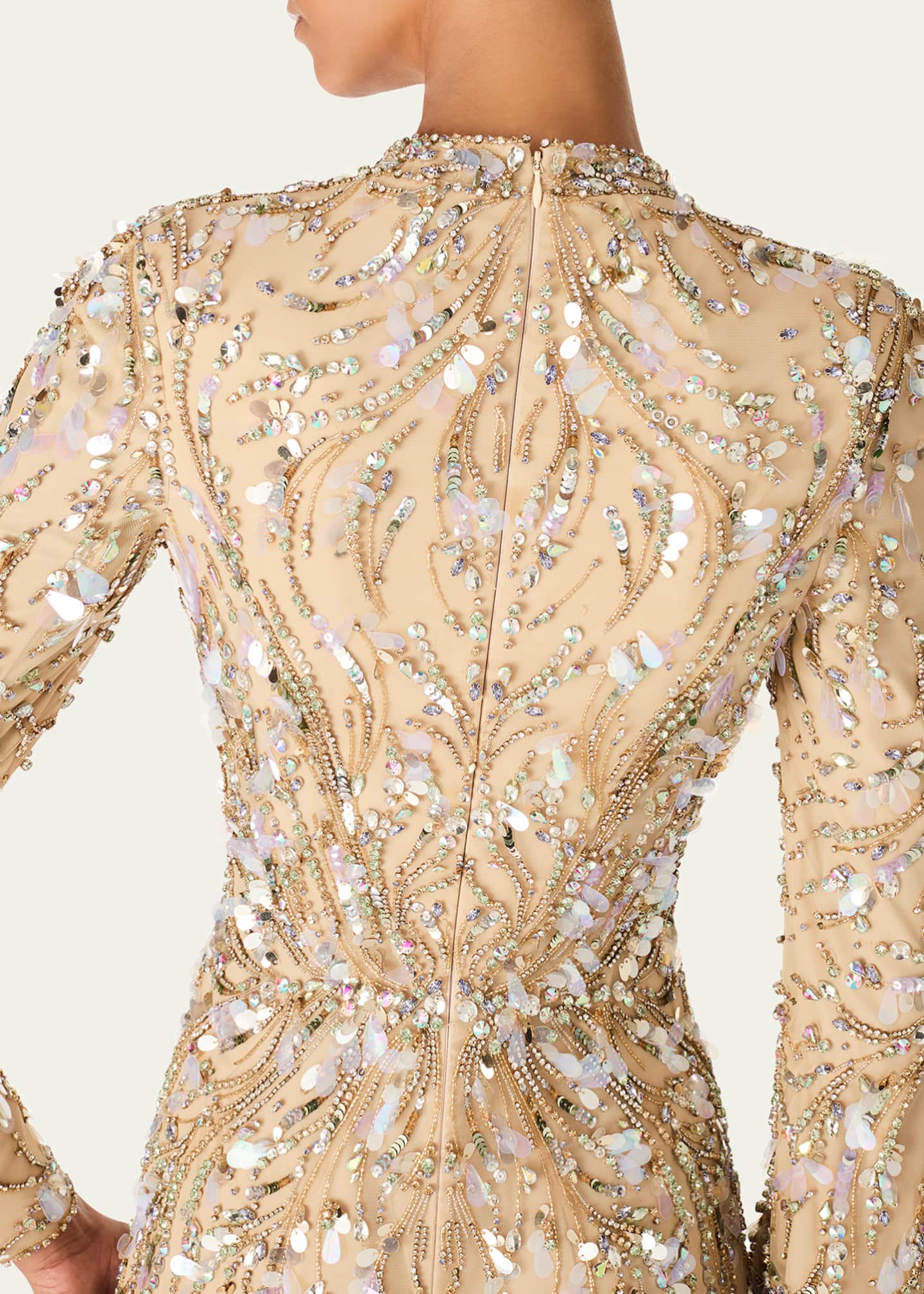 Jenny Packham Kaia Embellished Long-Sleeve Plunging Illusion Gown Image 4 of 4