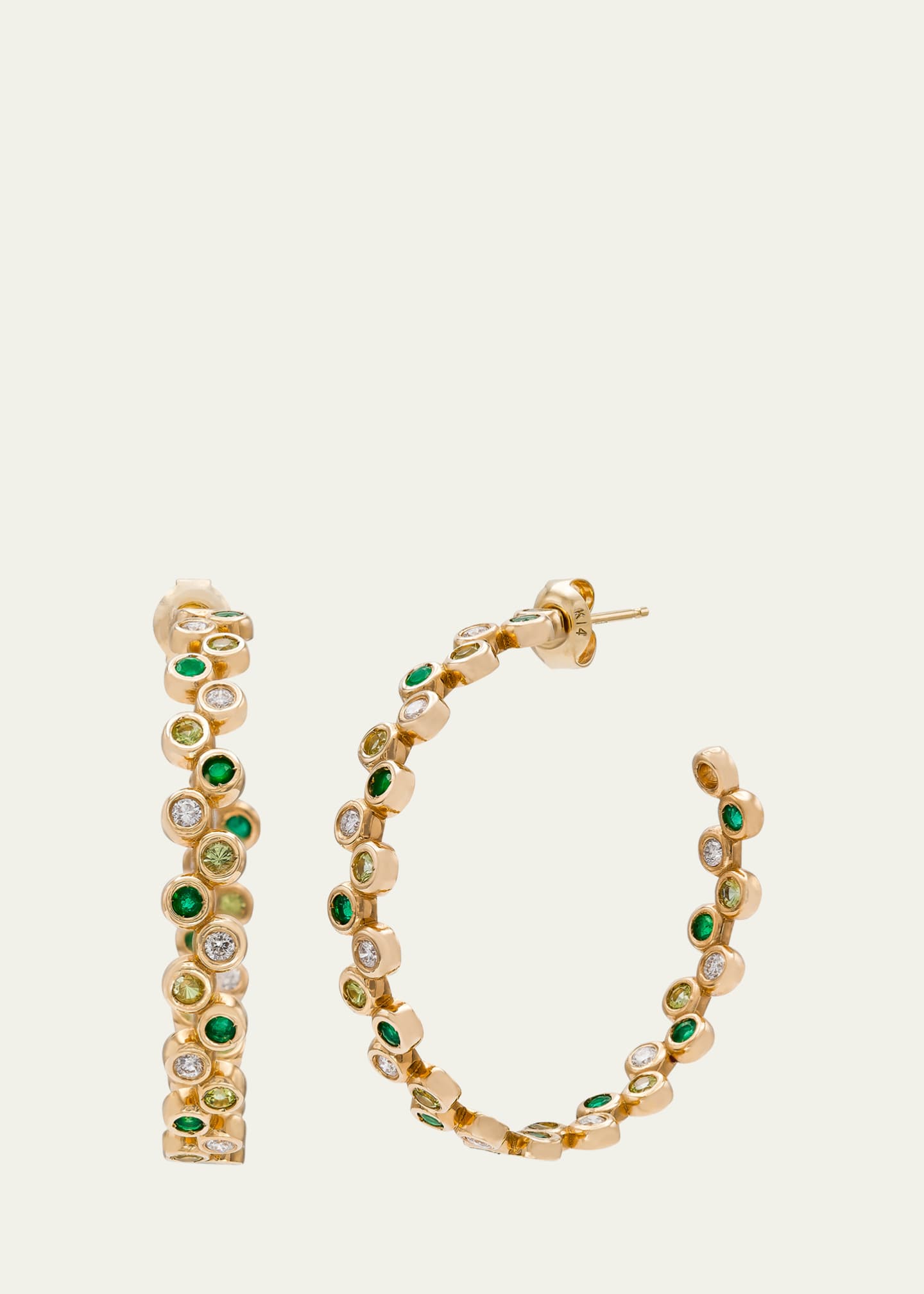 Audrey C. Jewels 14K Yellow Gold Round Floating Hoop Earrings with Diamonds, Emeralds, and Peridot