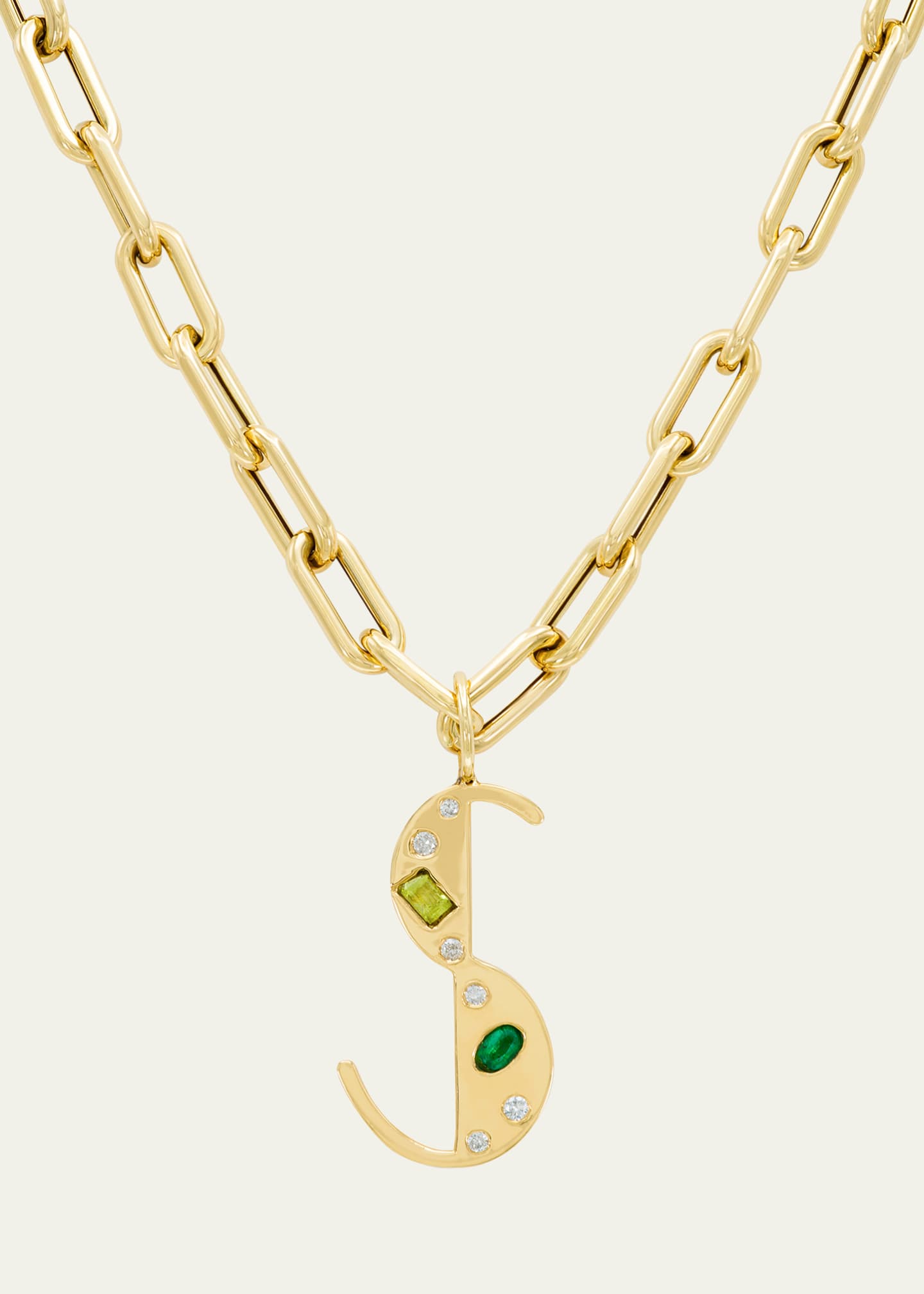14K Yellow Gold Custom Bespoke Initial Necklace with Diamonds, Emeralds and Peridot, 18"L