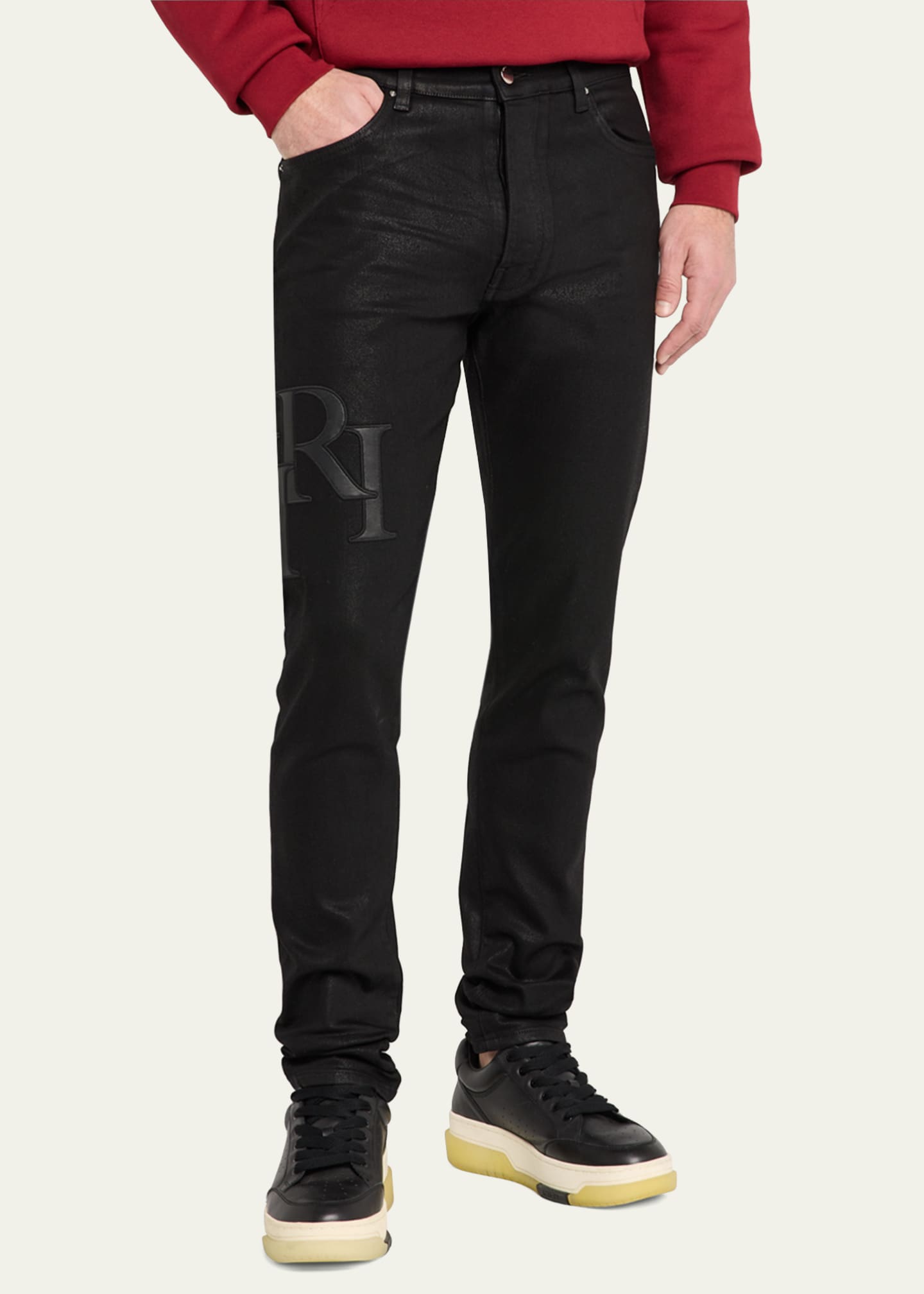 Amiri Men's Staggered Logo Waxed Skinny Jeans Image 4 of 5