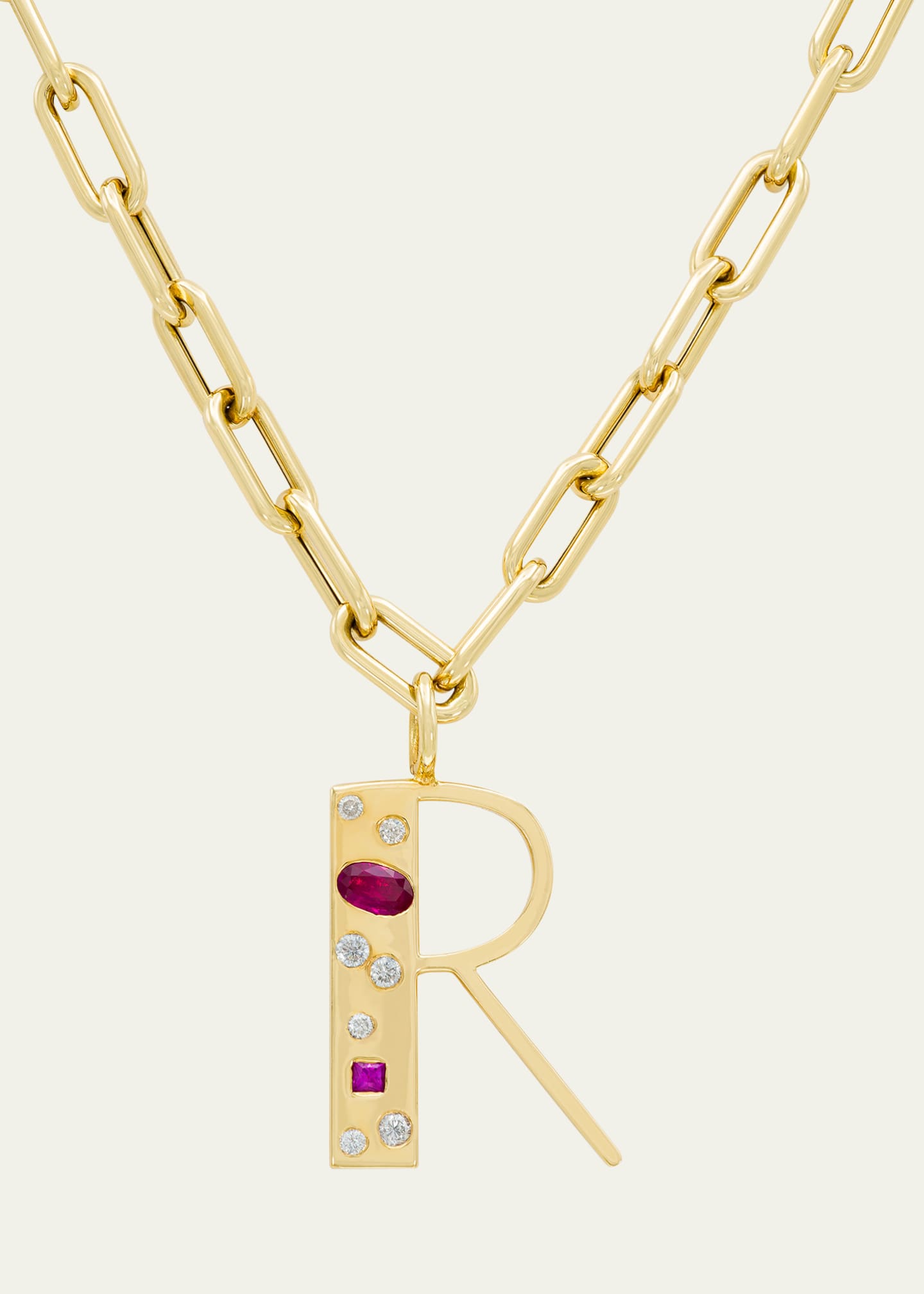 Audrey C. Jewels 14K Yellow Gold Custom Bespoke Initial Necklace with Diamonds, Ruby, and Pink Sapphire, 18"L Image 2 of 3