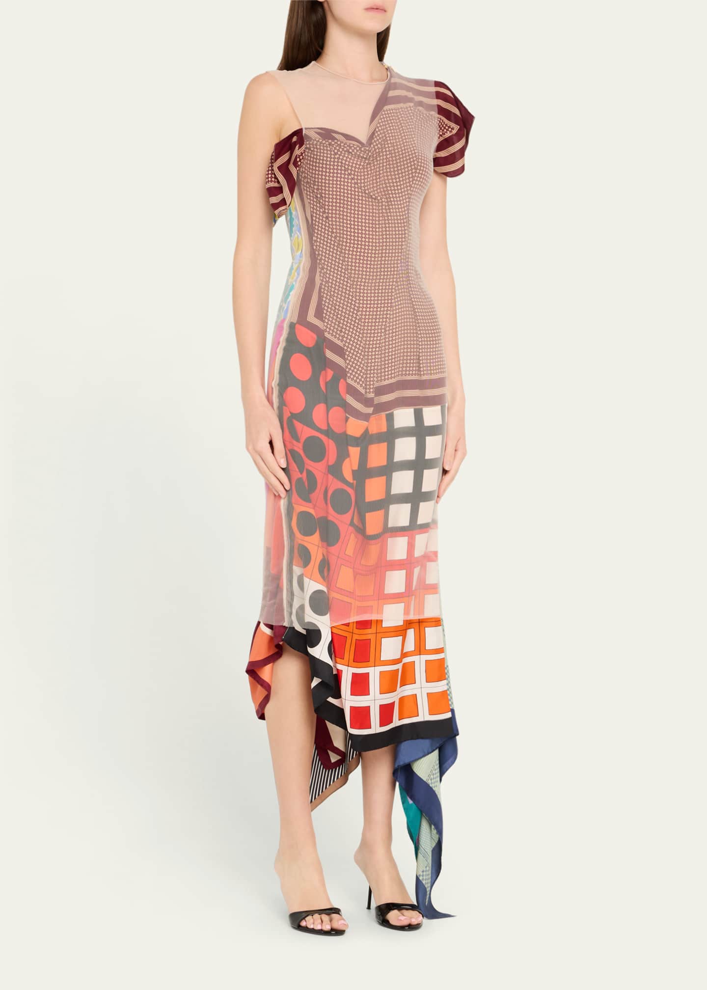 Regenerated Silk Scarves Long Fitted Dress - Thumbnail 4