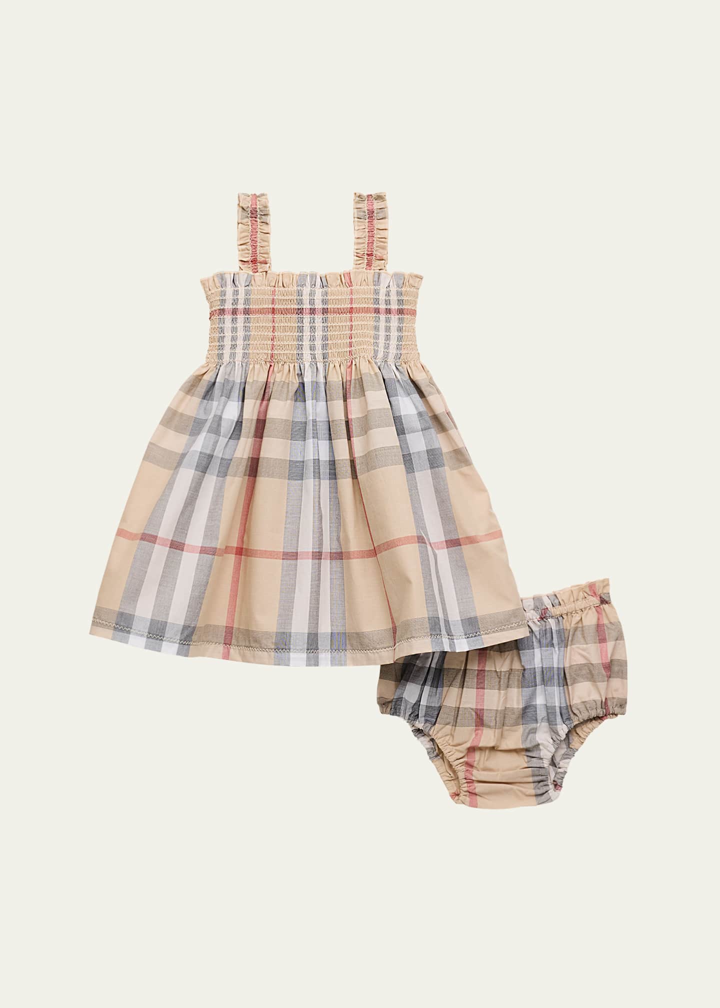Burberry Girl's Tegan Check-Print Smocked Dress W/ Bloomers, Size 3M-18M Image 1 of 3