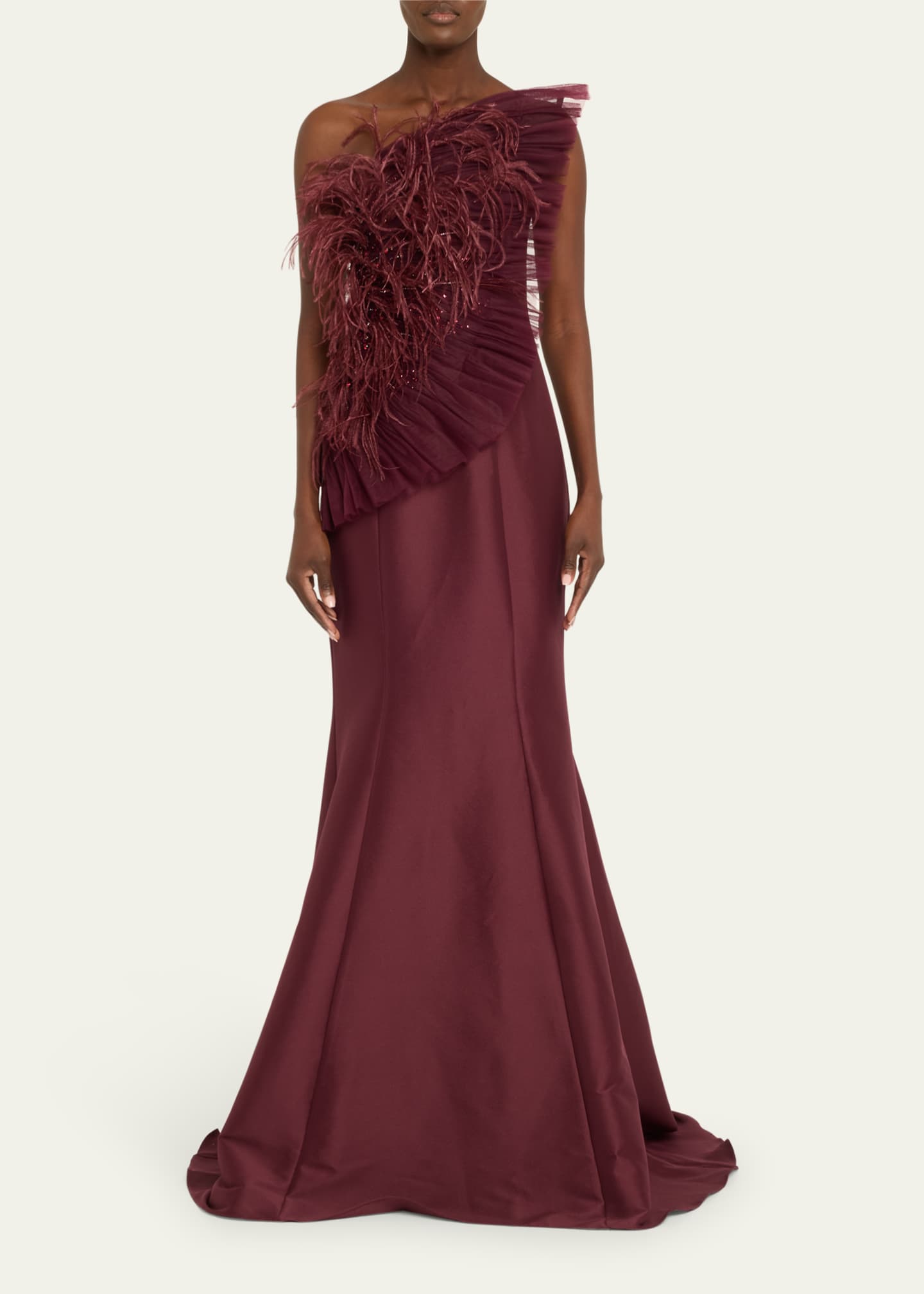 Badgley Mischka Strapless Feather-Embellished Fan Ruffle Gown Image 2 of 5