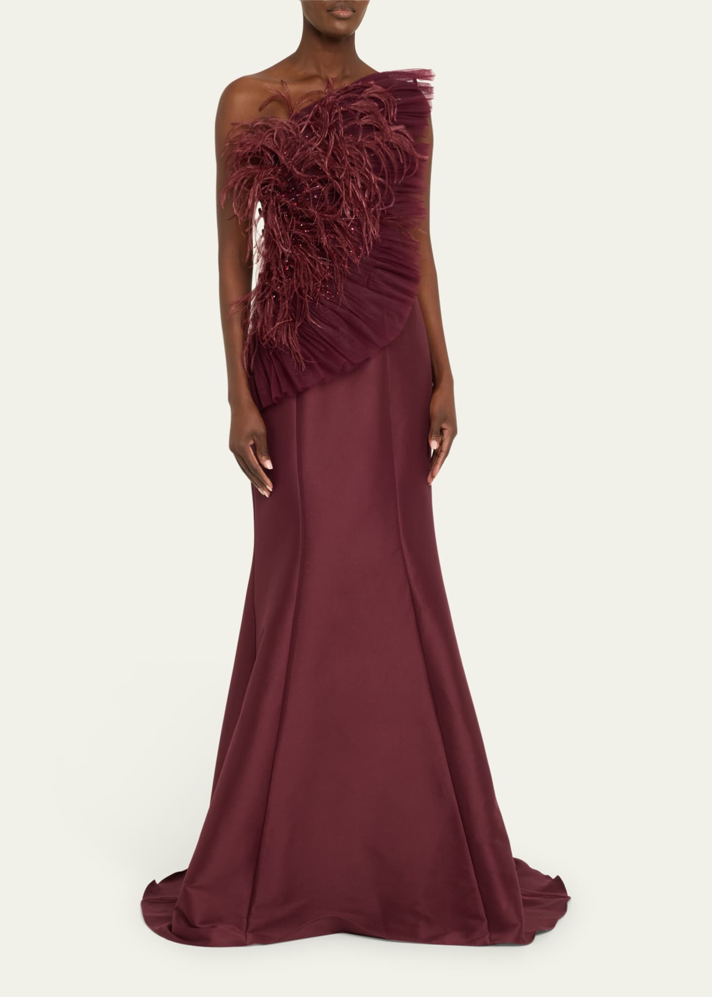 Badgley Mischka Strapless Feather-Embellished Fan Ruffle Gown Image 4 of 5