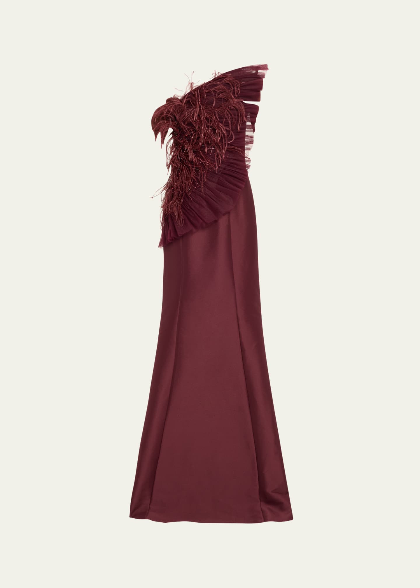 Badgley Mischka Strapless Feather-Embellished Fan Ruffle Gown Image 1 of 5