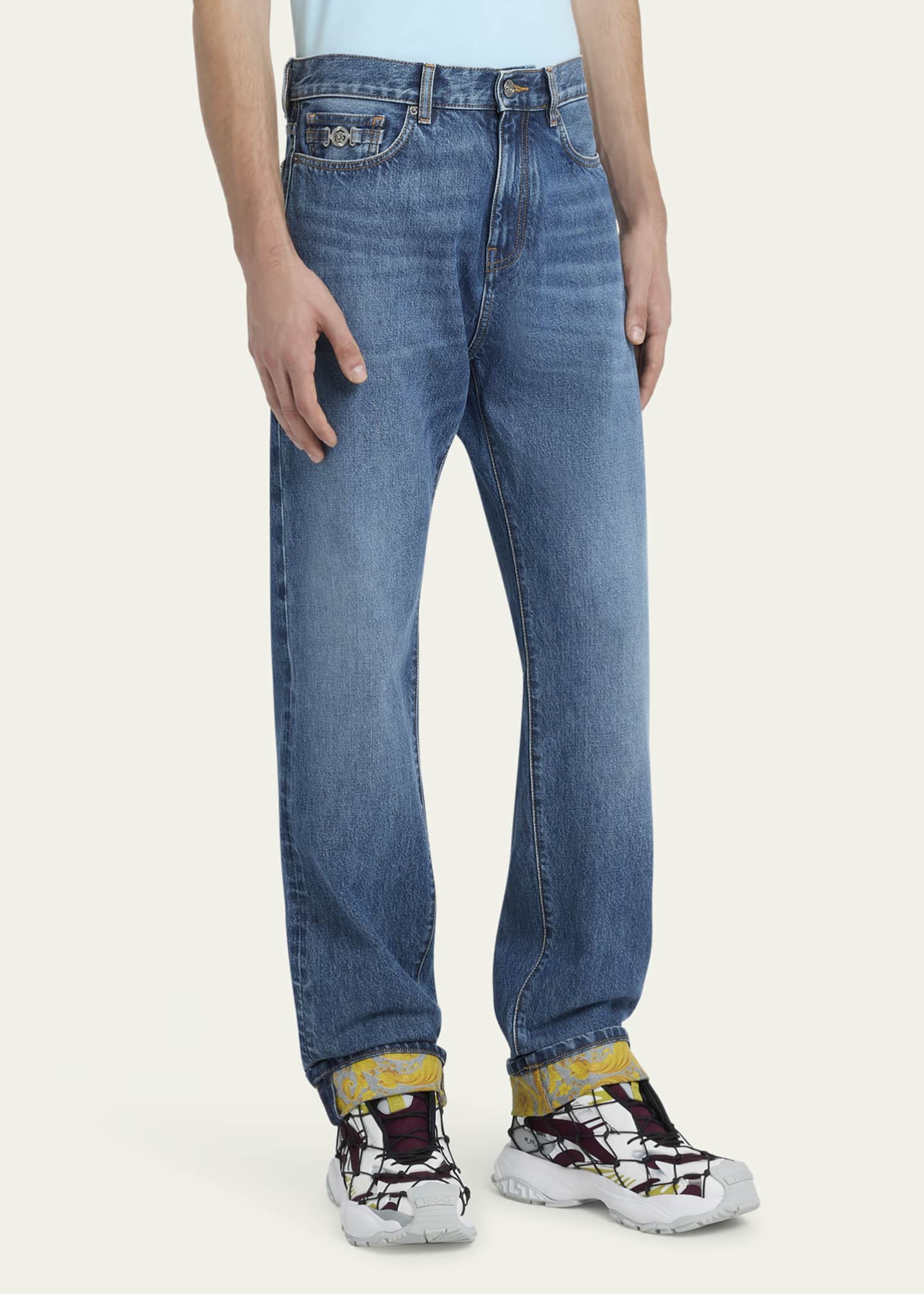 Versace Men's Stonewashed Barocco-Cuff Jeans Image 4 of 5