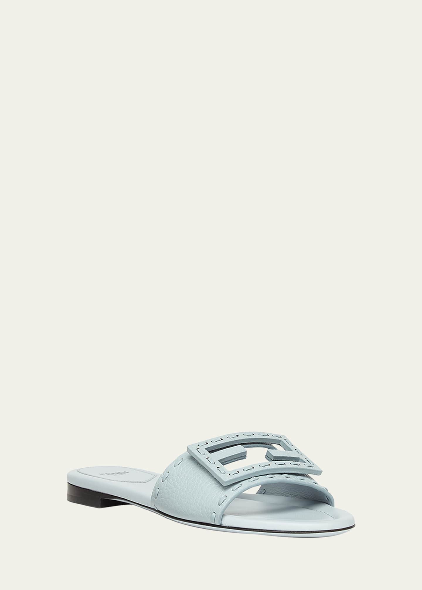 Fendi Baguette FF Leather Buckle Flat Slide Sandals