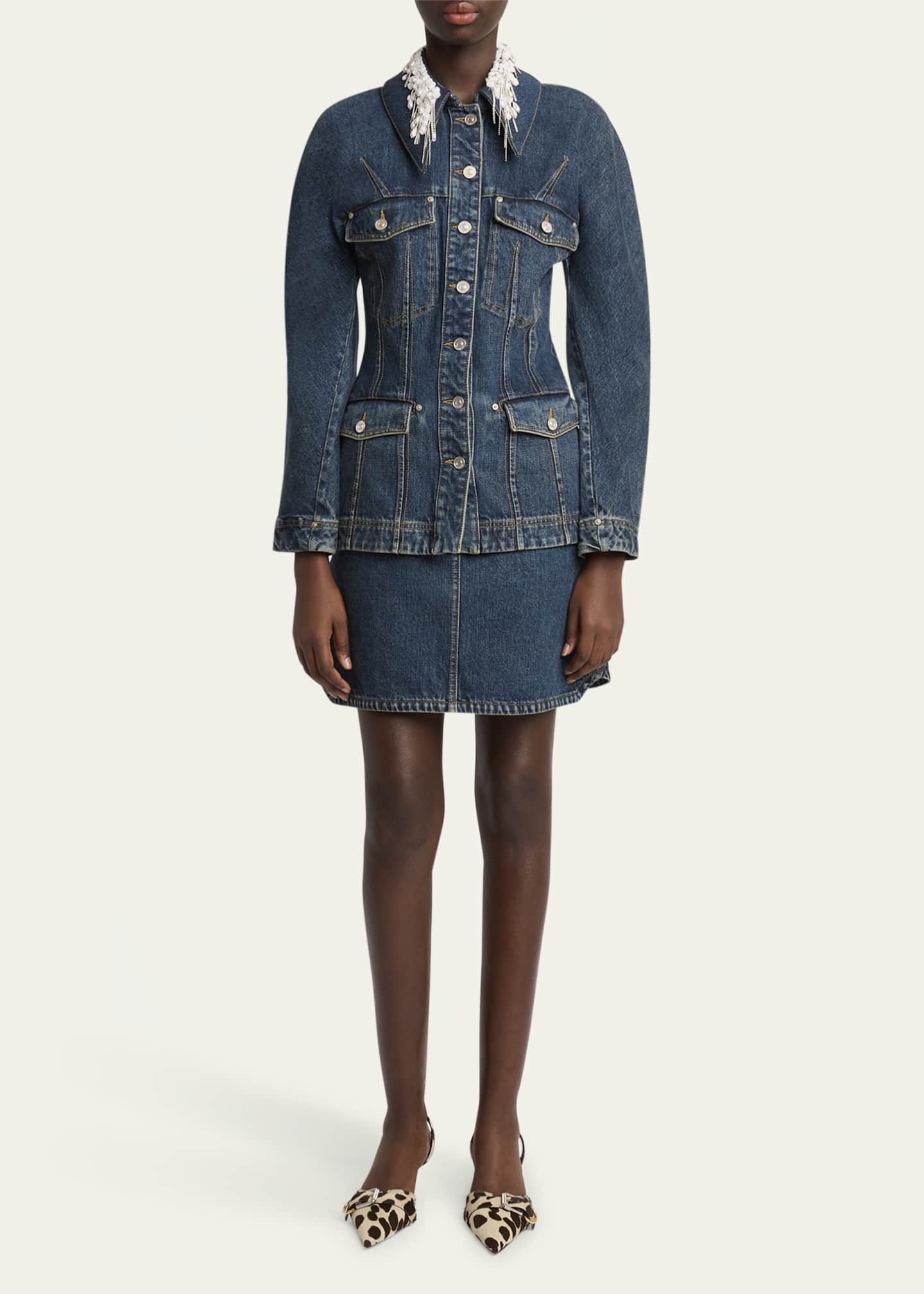 Givenchy Pearly Crystal Collar Denim Jacket Image 2 of 5